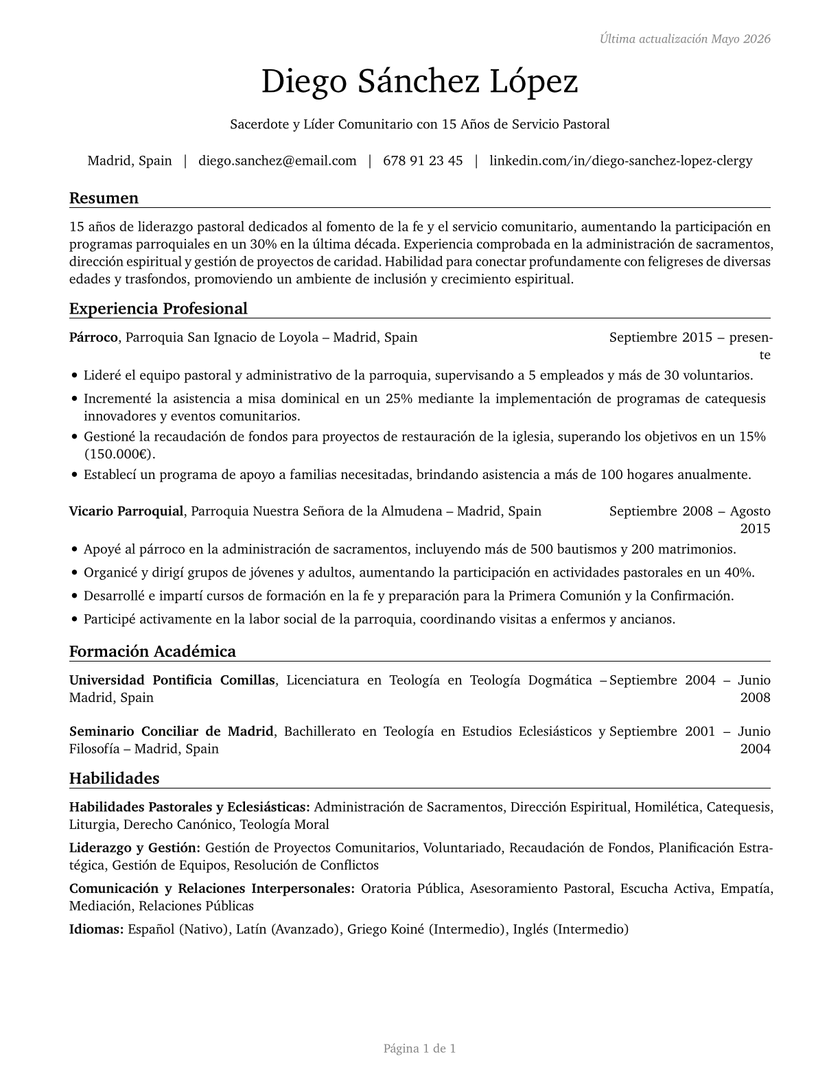 Clergy CV in Spanish — page 1