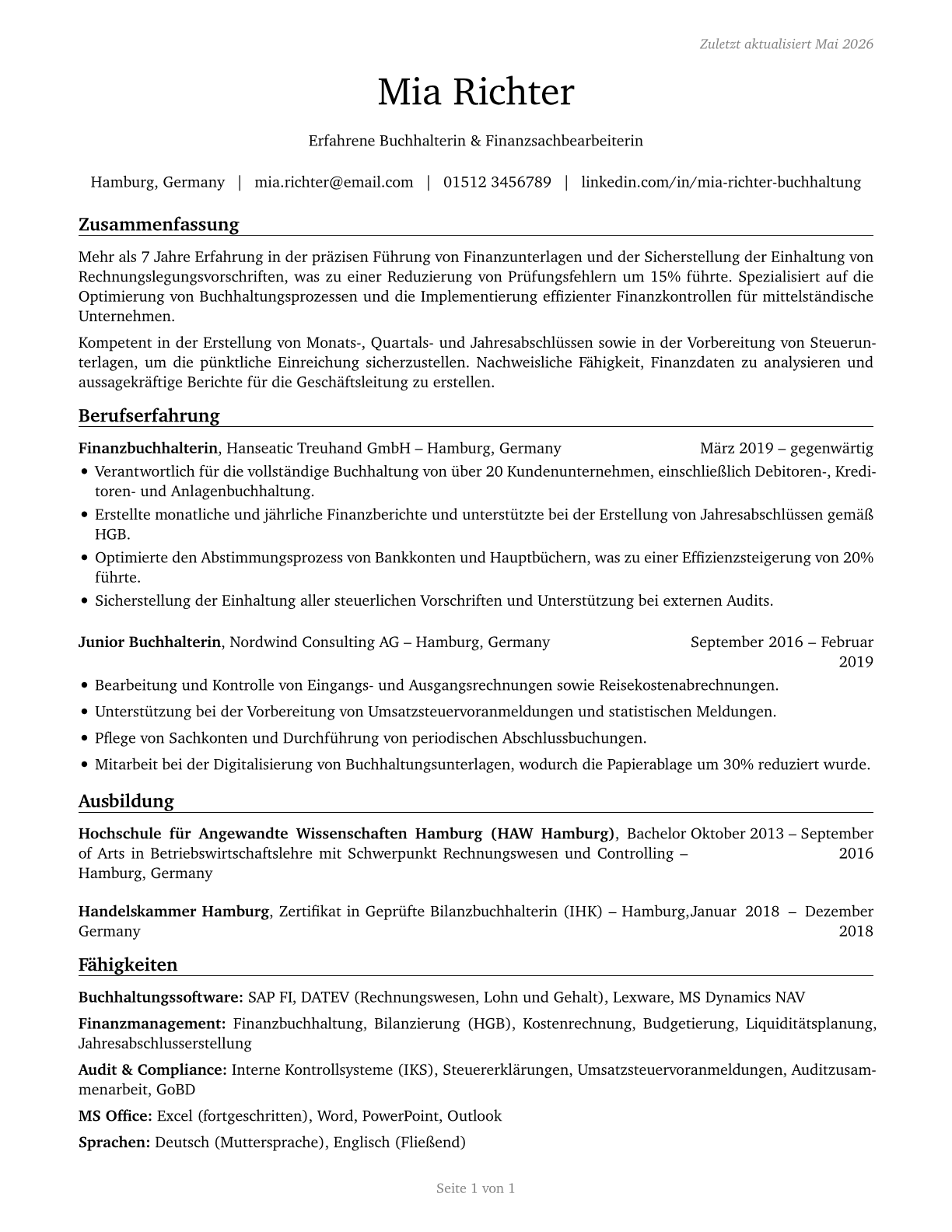 Bookkeeping, Accounting, and Auditing Clerks CV in German — page 1