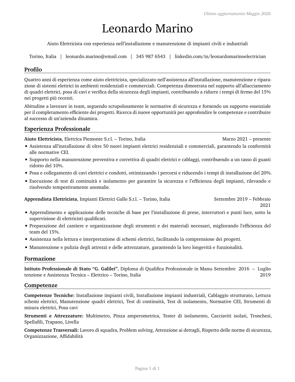 Helpers--Electricians CV in Italian — page 1