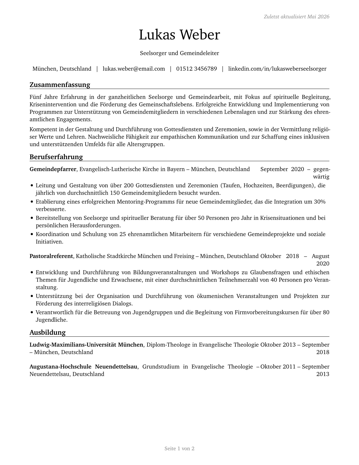 Religious Workers, All Other CV in German — page 1
