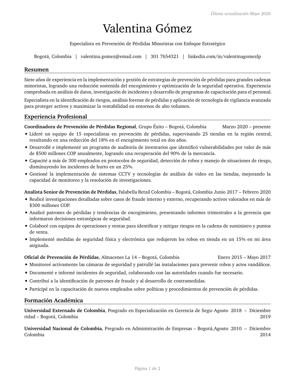 Retail Loss Prevention Specialists CV in Spanish — page 1