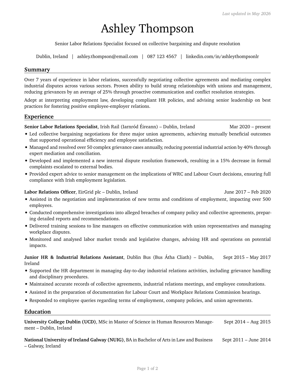 Labor Relations Specialists CV in English — page 1