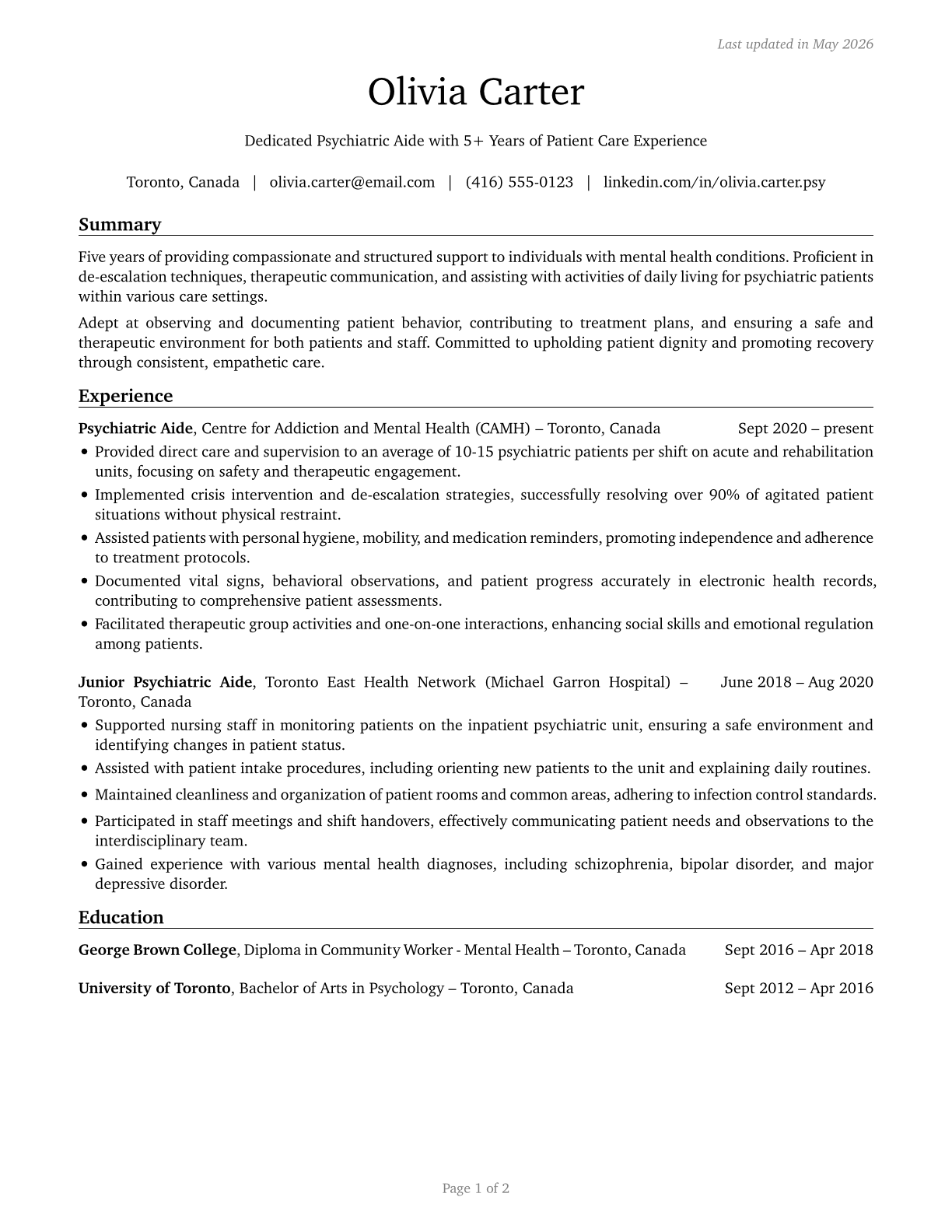 Psychiatric Aides CV in English — page 1