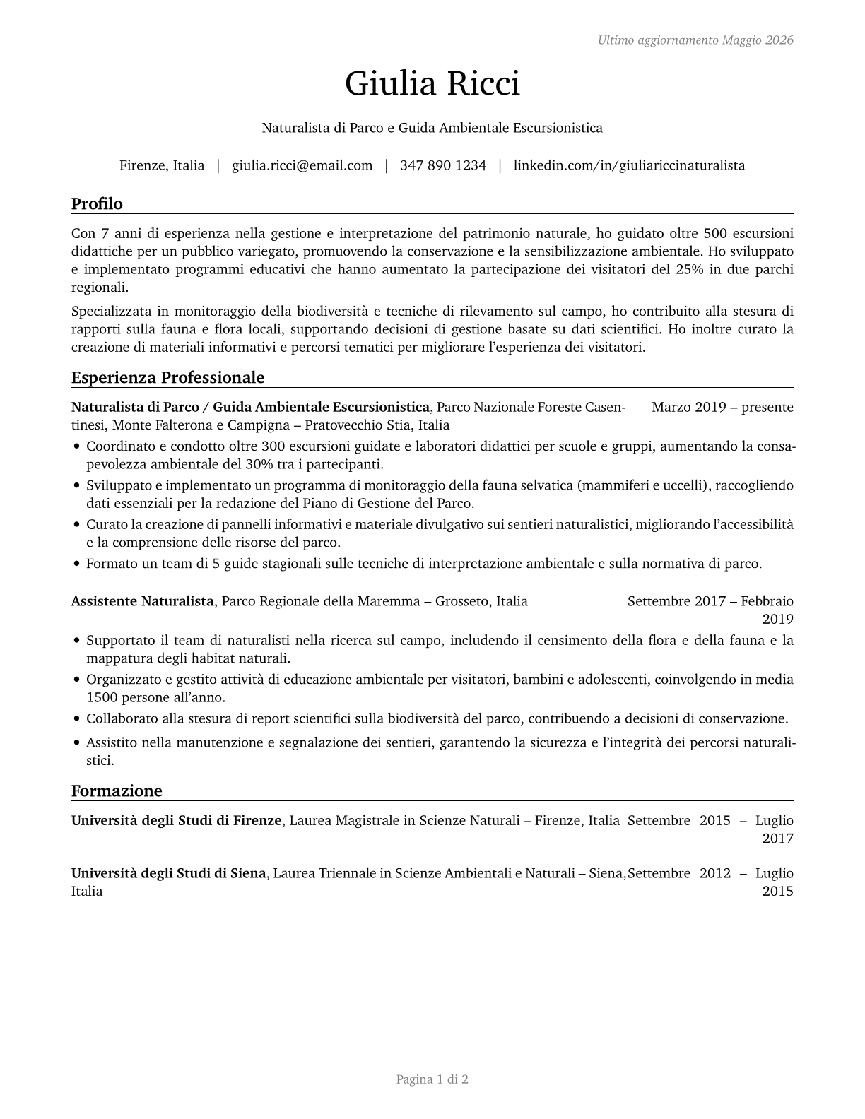 Park Naturalists CV in Italian — page 1