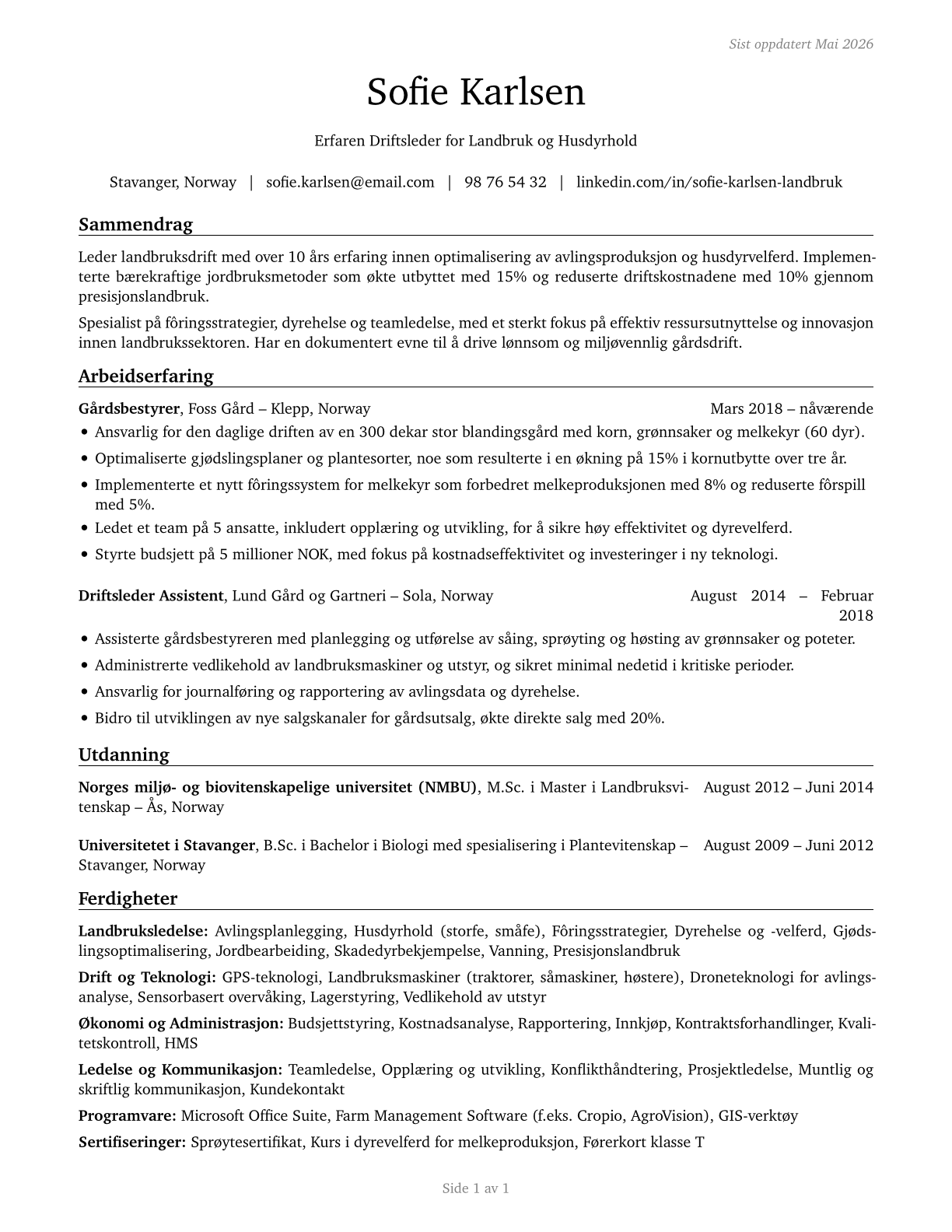 Farmers, Ranchers, and Other Agricultural Managers CV in Norwegian_bokmal — page 1