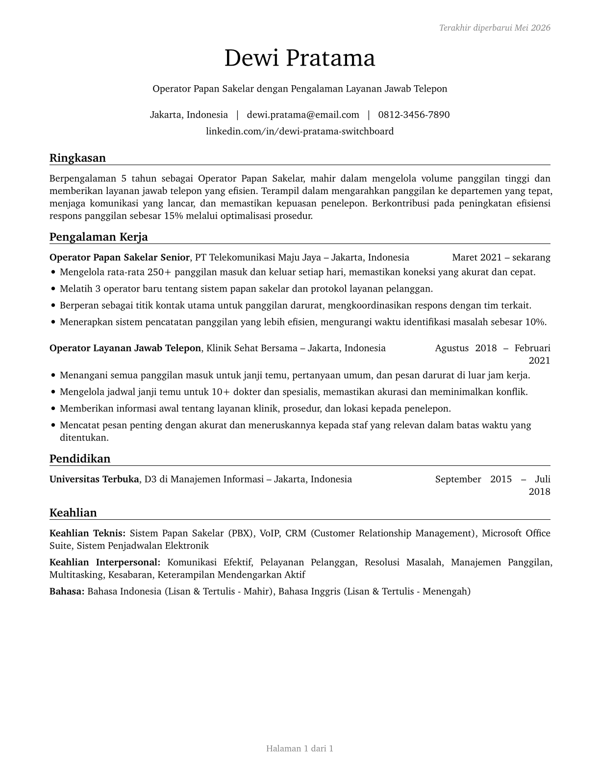 Switchboard Operators, Including Answering Service CV in Indonesian — page 1