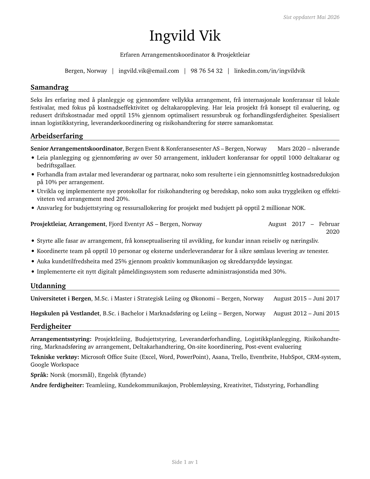 Meeting, Convention, and Event Planners CV in Norwegian_nynorsk — page 1