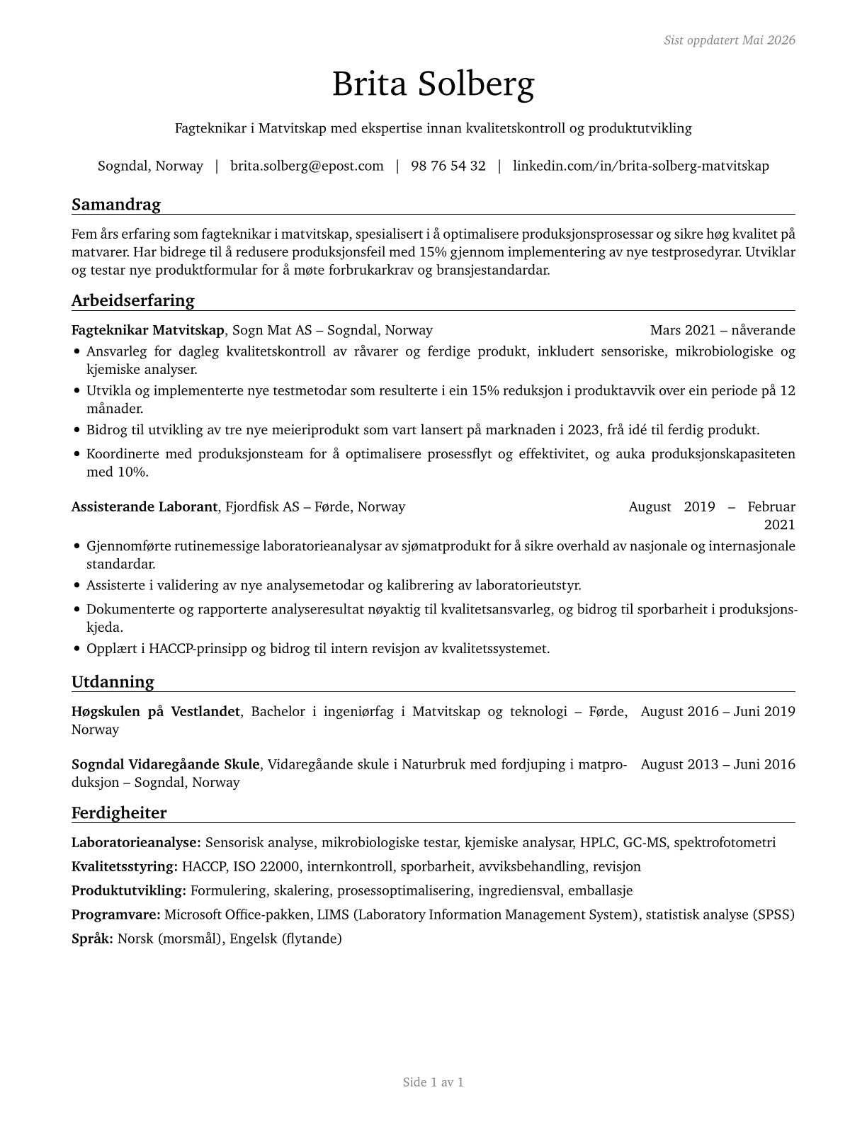 Food Science Technicians CV in Norwegian_nynorsk — page 1