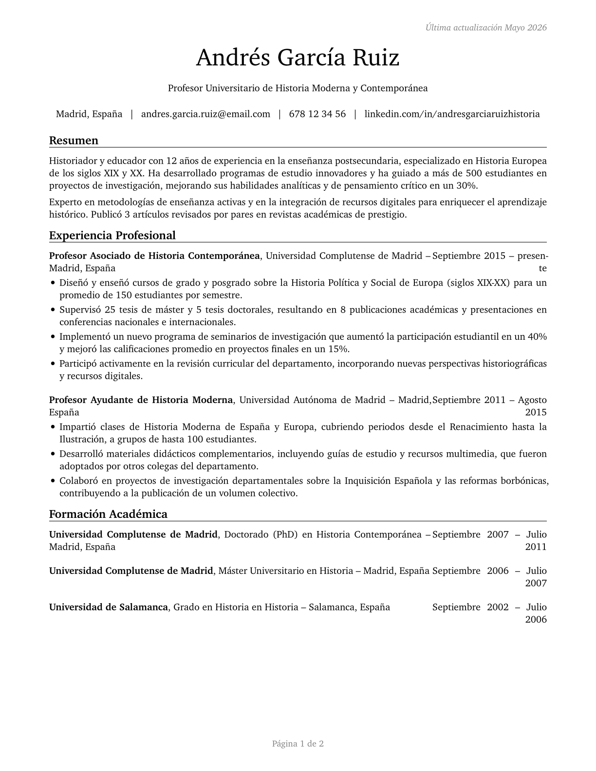 History Teachers, Postsecondary CV in Spanish — page 1