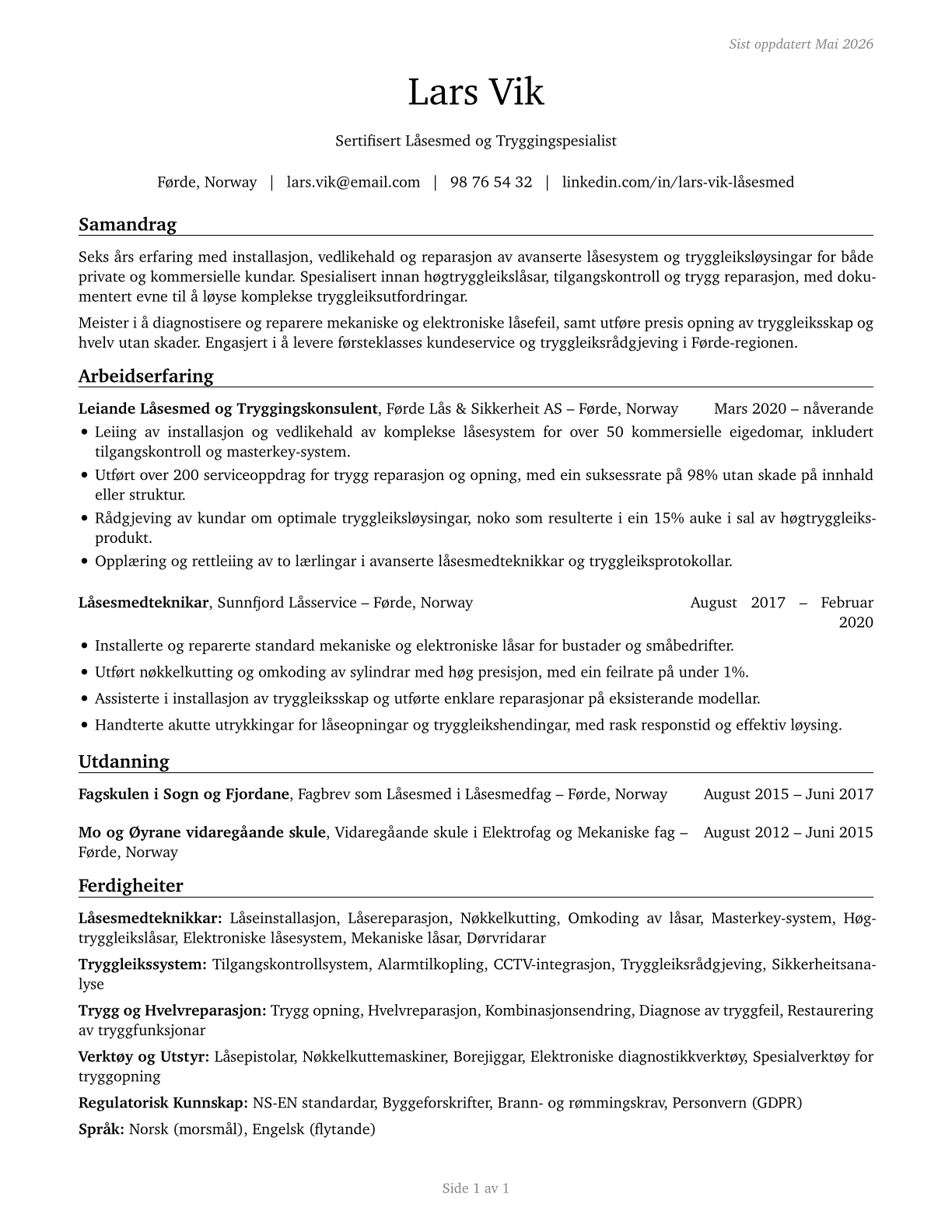 Locksmiths and Safe Repairers CV in Norwegian_nynorsk — page 1