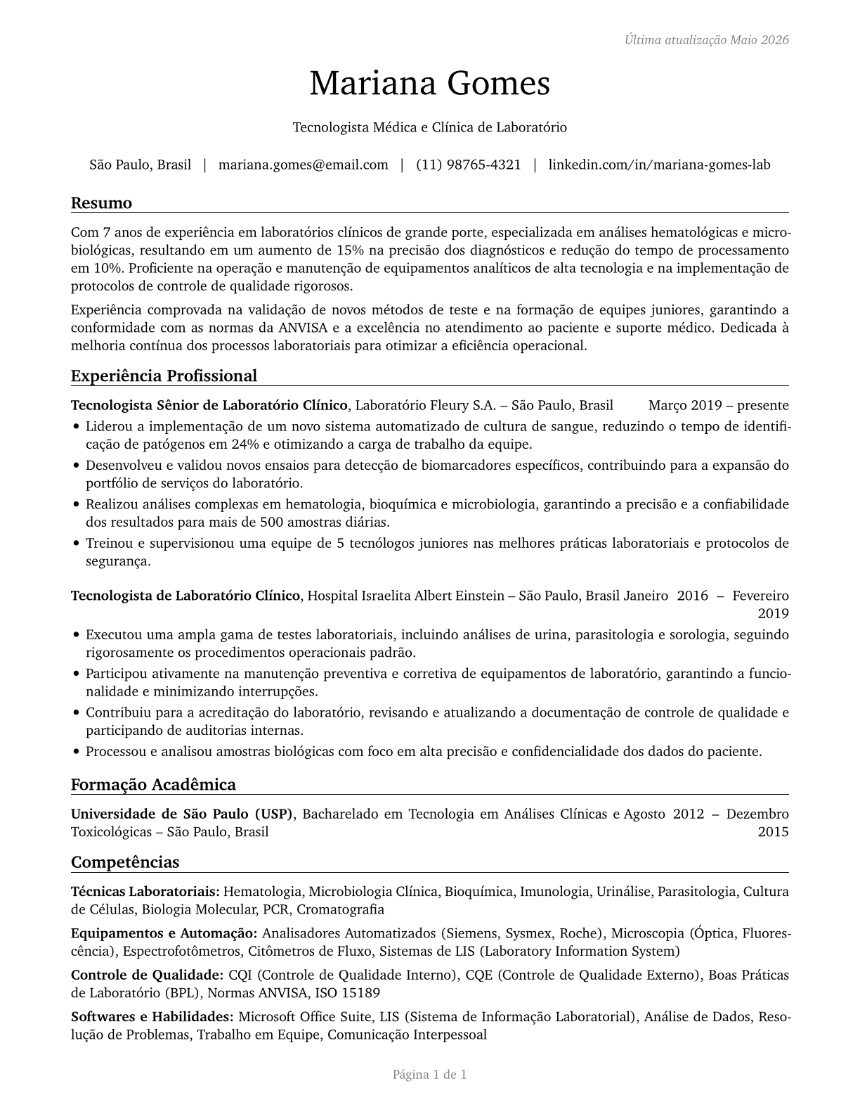 Medical and Clinical Laboratory Technologists CV in Portuguese — page 1