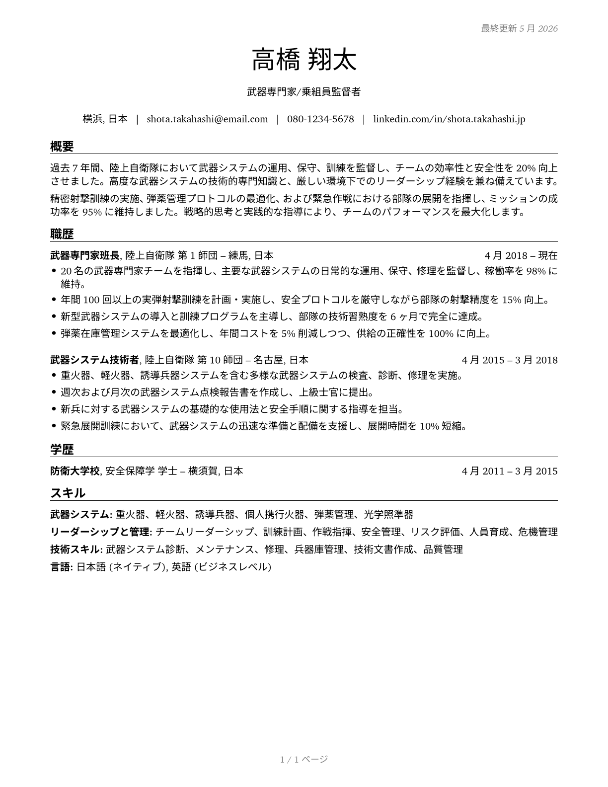 First-Line Supervisors of Weapons Specialists/Crew Members CV in Japanese — page 1