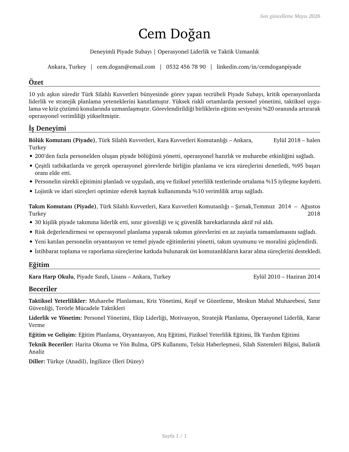Infantry Officers CV in Turkish — page 1