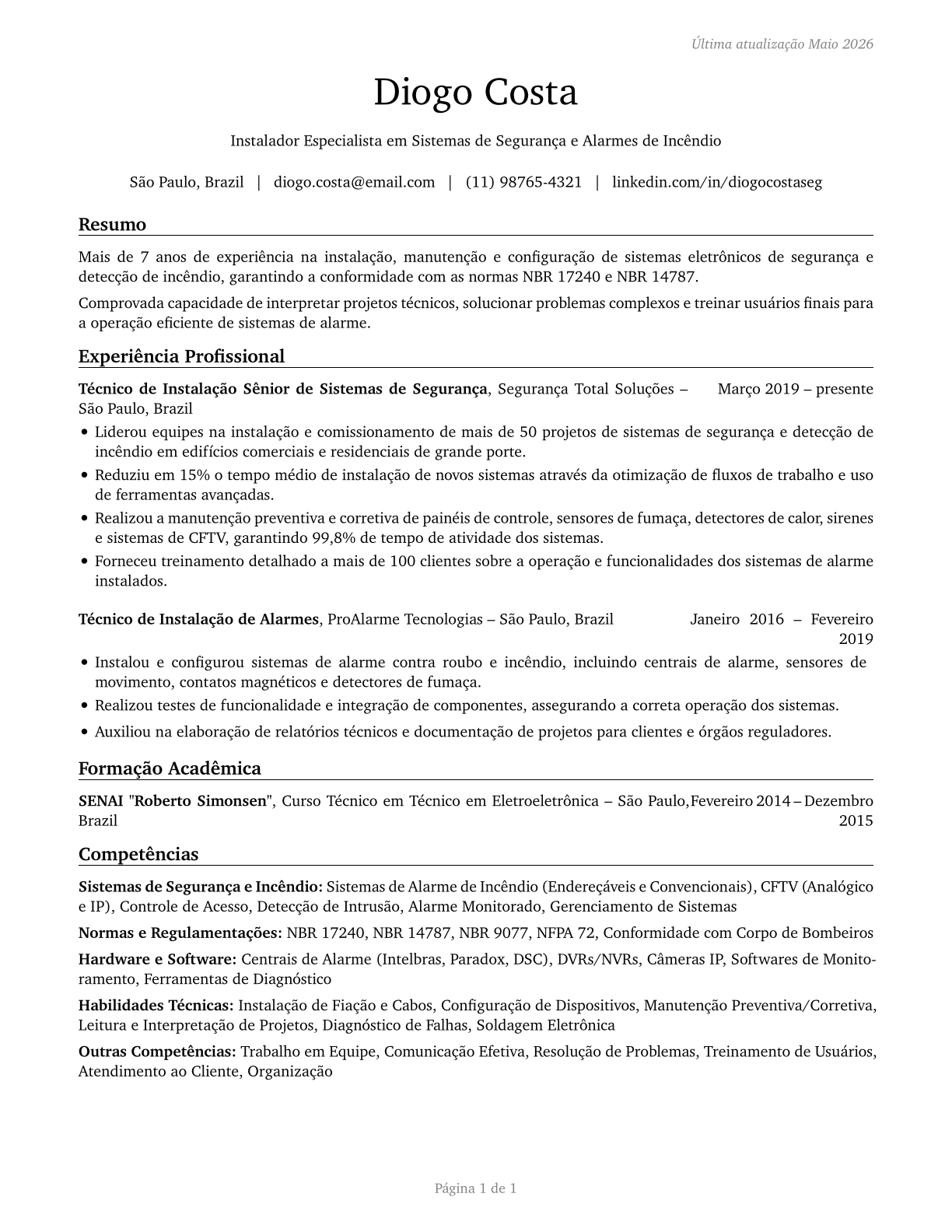 Security and Fire Alarm Systems Installers CV in Portuguese — page 1