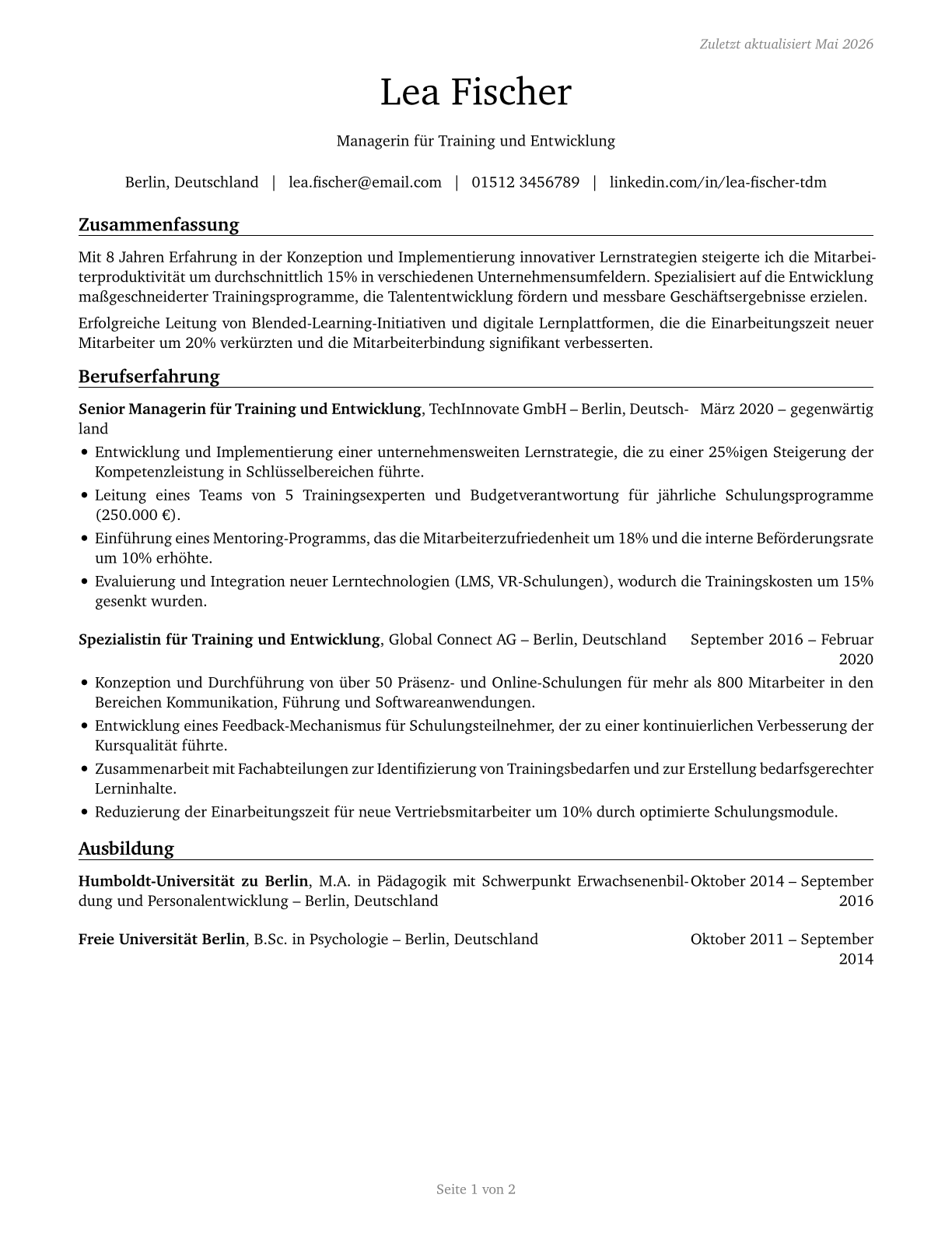 Training and Development Managers CV in German — page 1