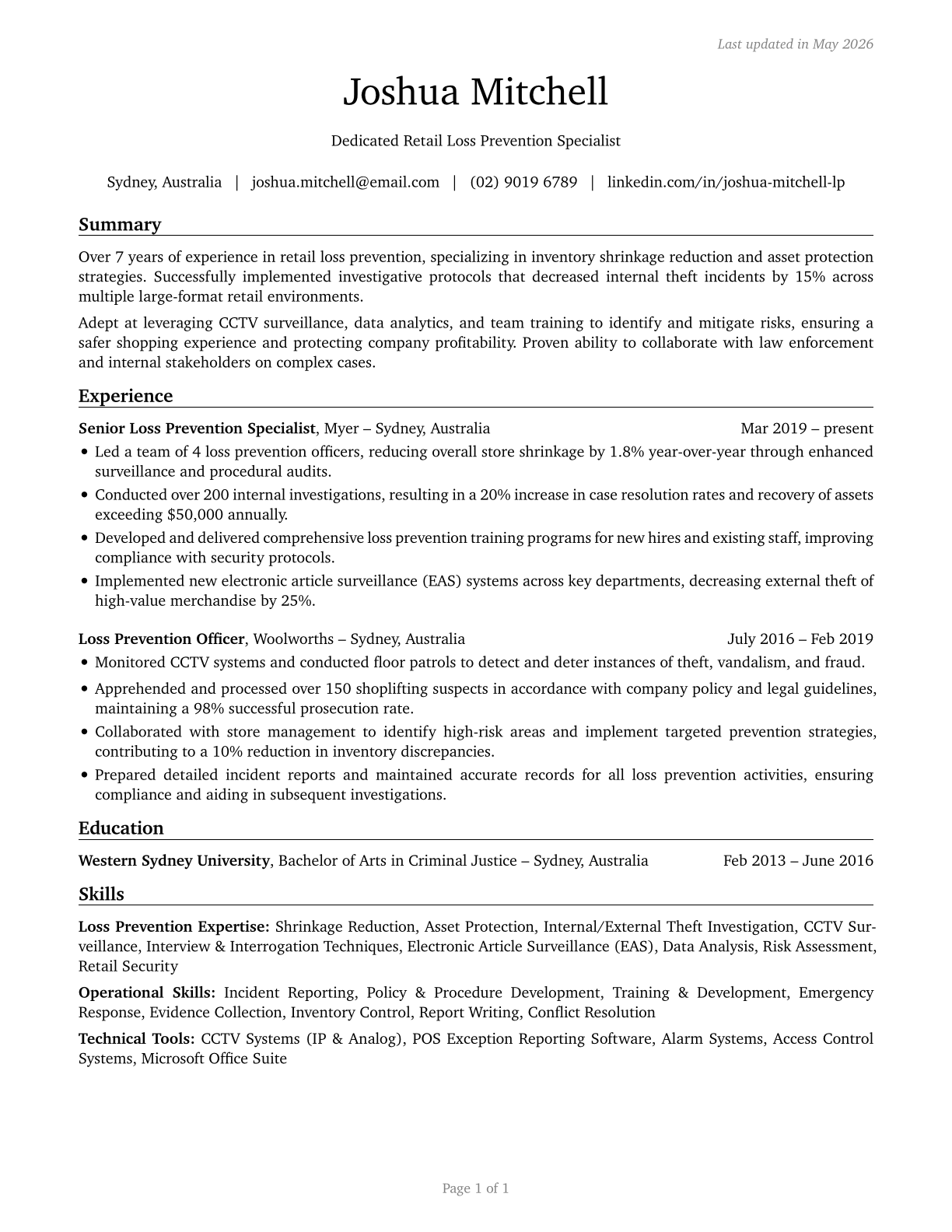 Retail Loss Prevention Specialists CV in English — page 1
