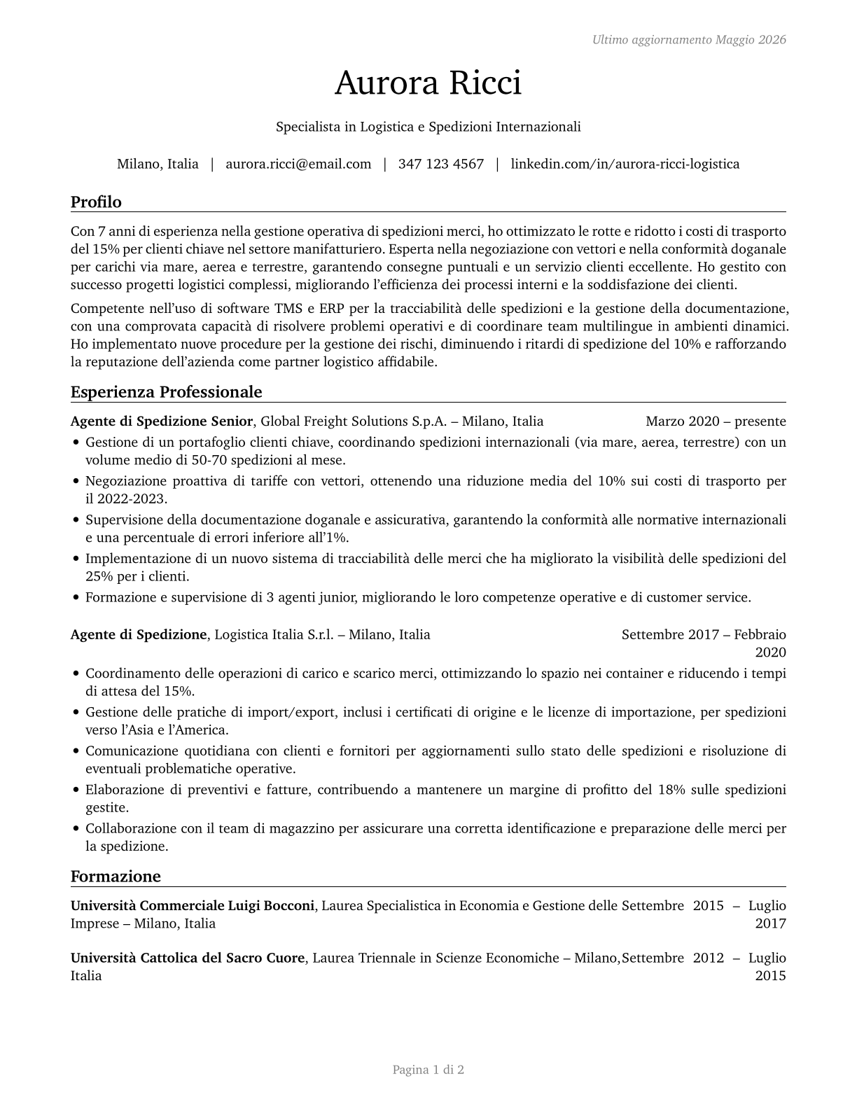 Cargo and Freight Agents CV in Italian — page 1