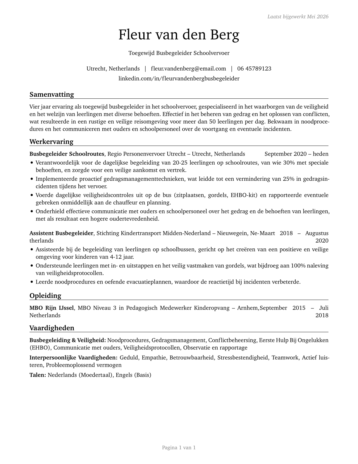 School Bus Monitors CV in Dutch — page 1