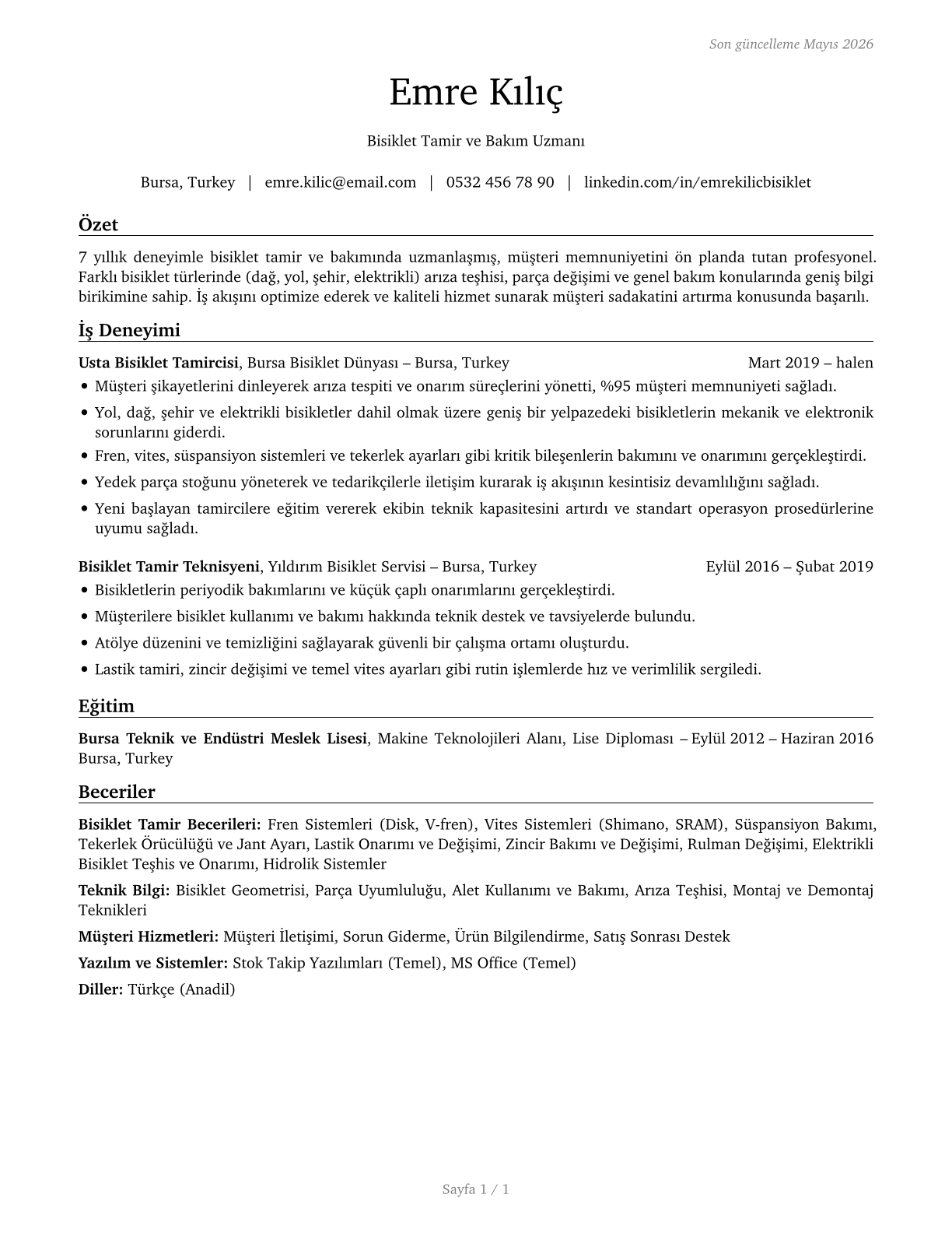Bicycle Repairers CV in Turkish — page 1
