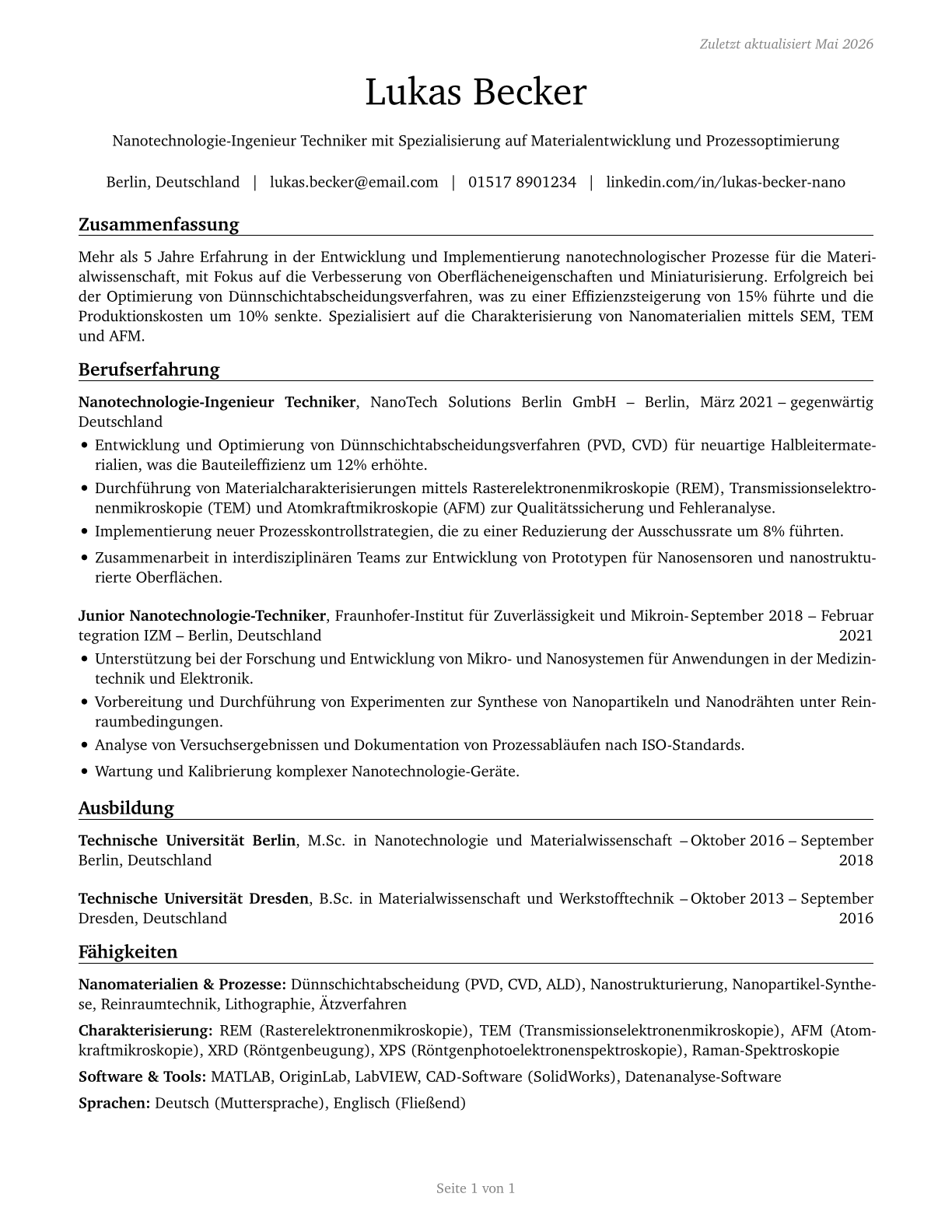 Nanotechnology Engineering Technologists and Technicians CV in German — page 1