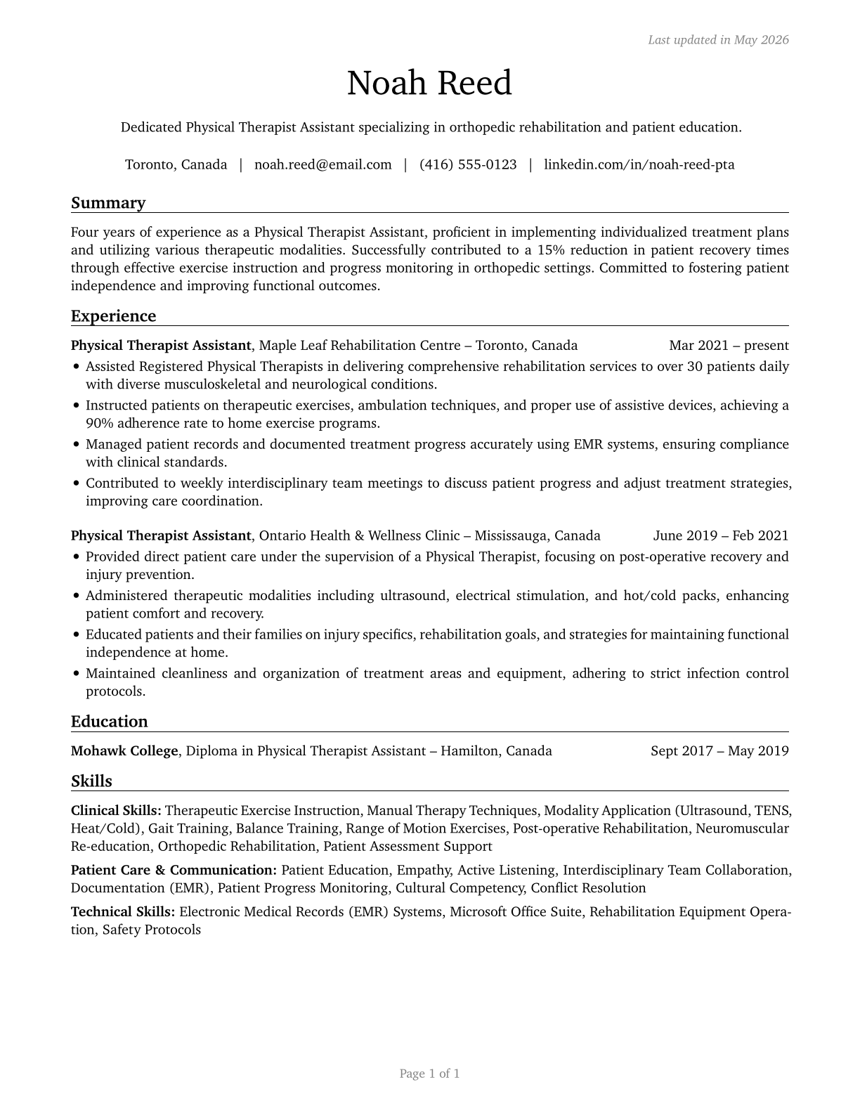 Physical Therapist Assistants CV in English — page 1