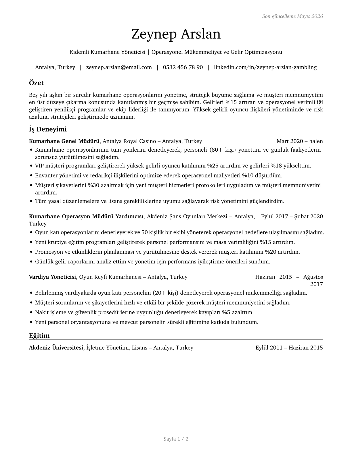 Gambling Managers CV in Turkish — page 1