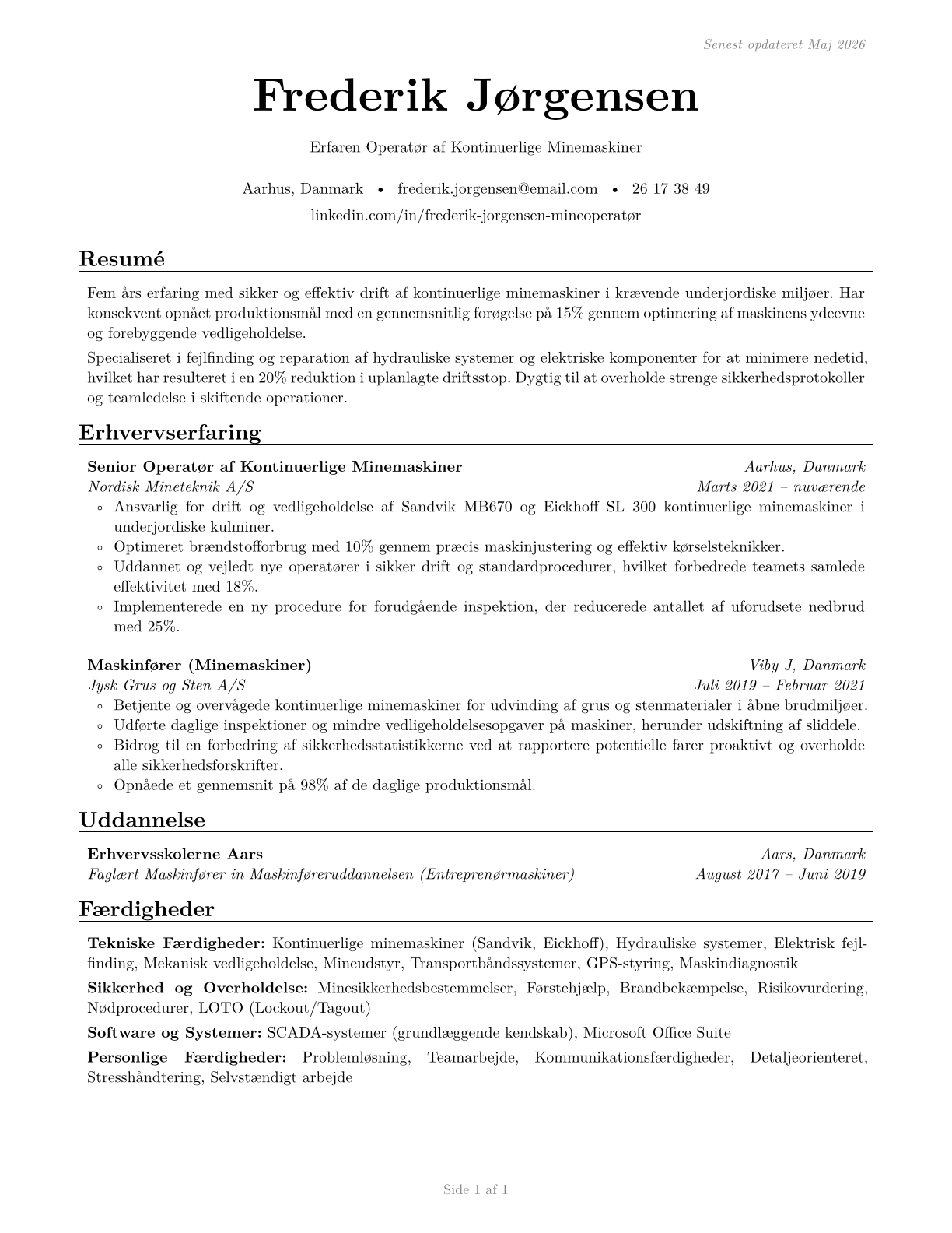 Continuous Mining Machine Operators CV in Danish — page 1