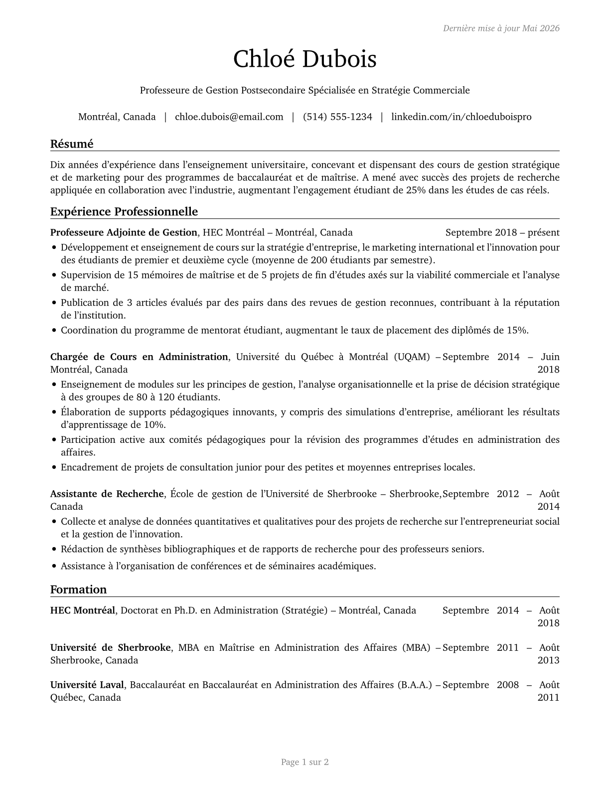 Business Teachers, Postsecondary CV in French — page 1