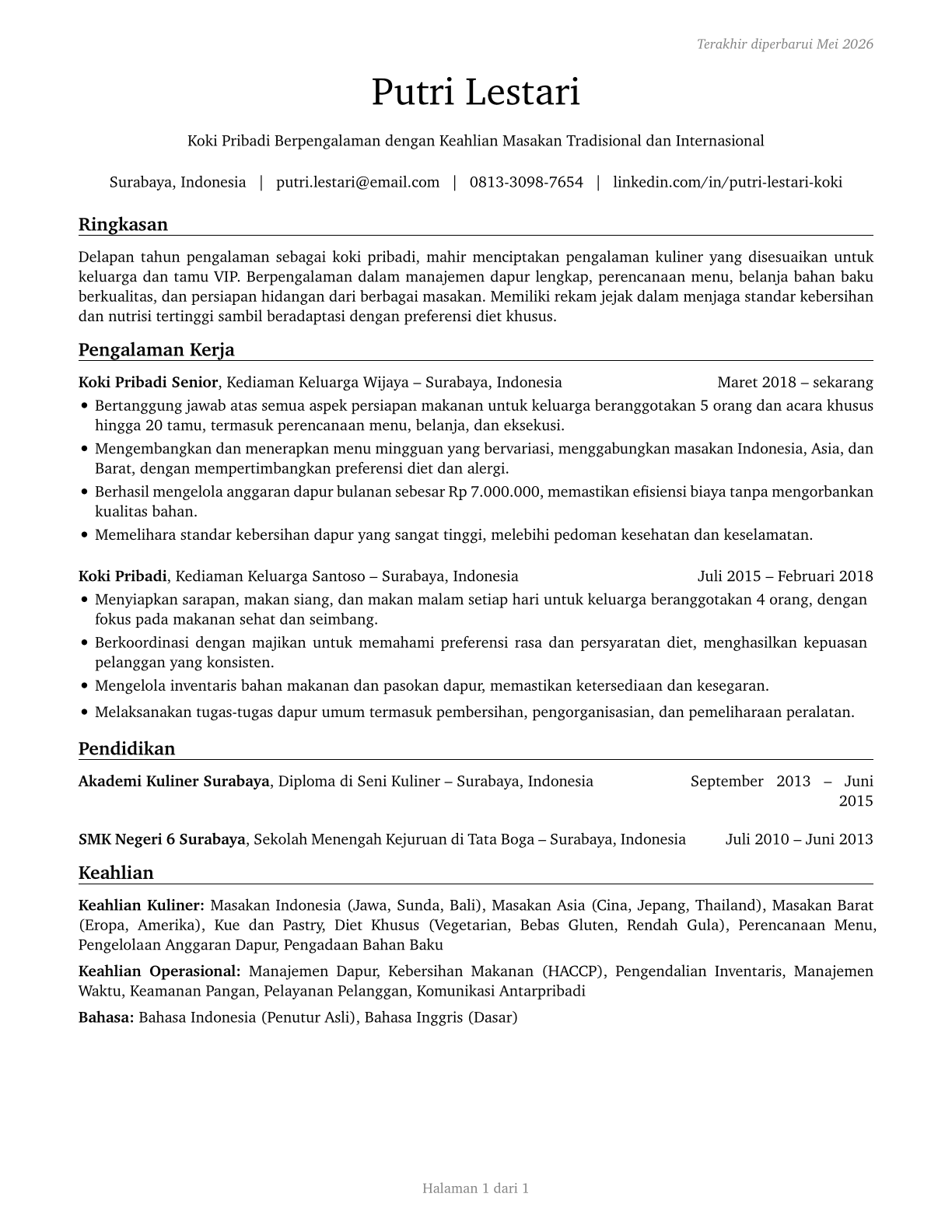 Cooks, Private Household CV in Indonesian — page 1