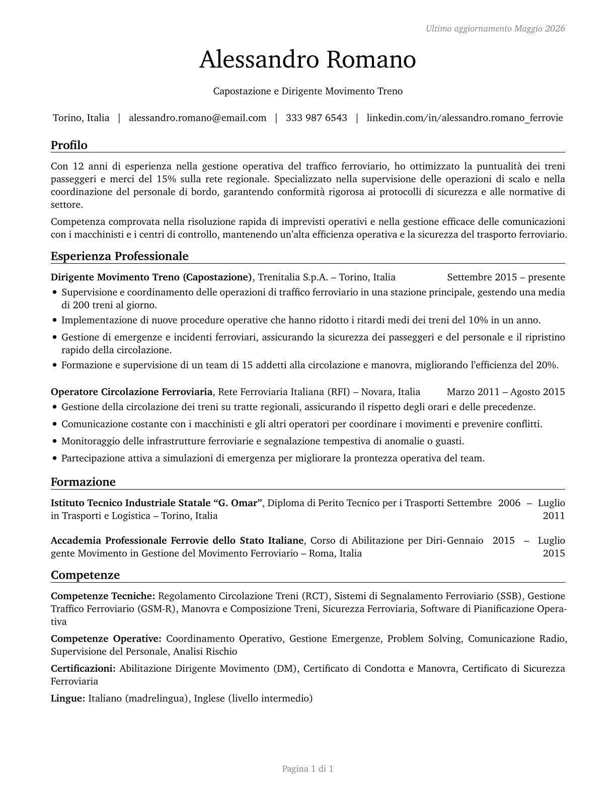 Railroad Conductors and Yardmasters CV in Italian — page 1