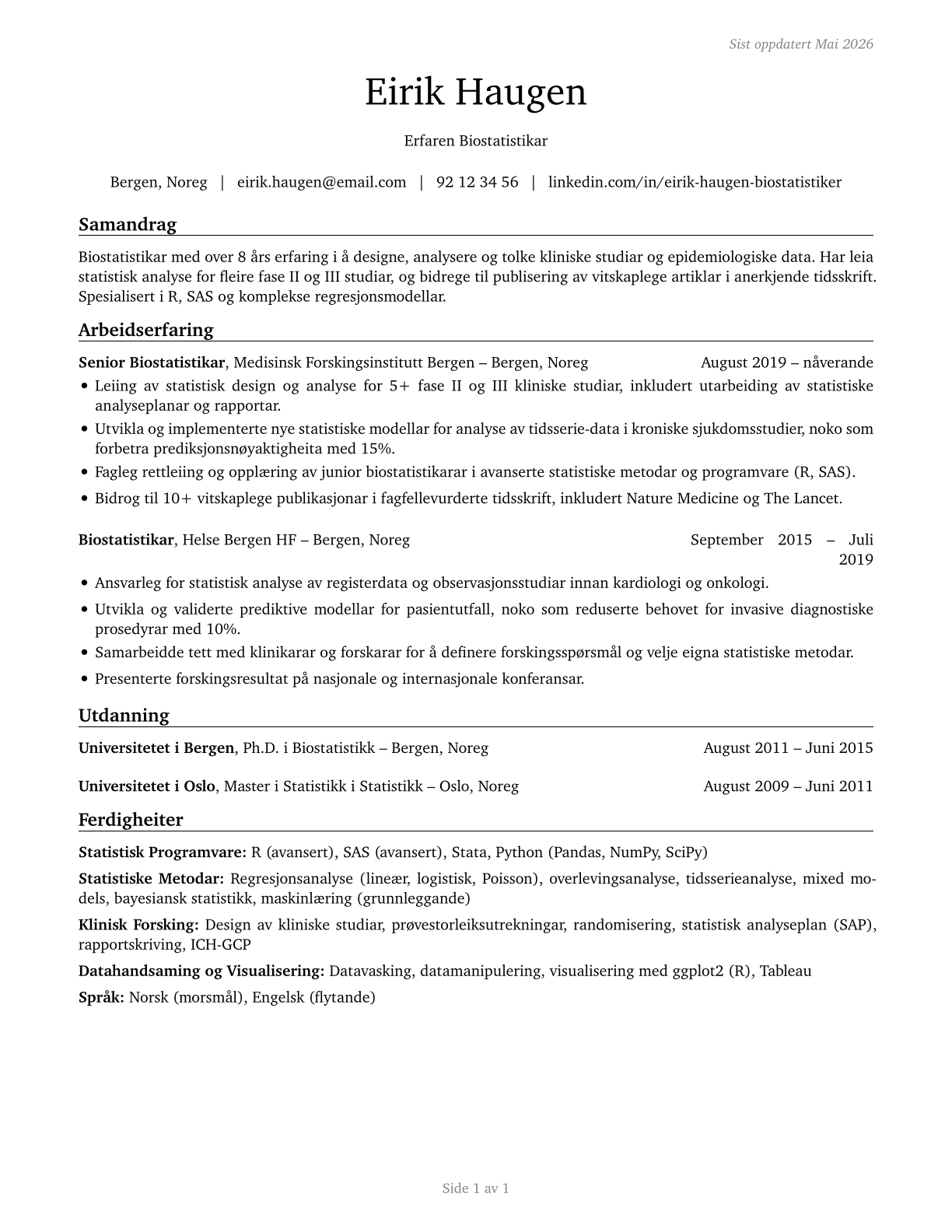Biostatisticians CV in Norwegian_nynorsk — page 1