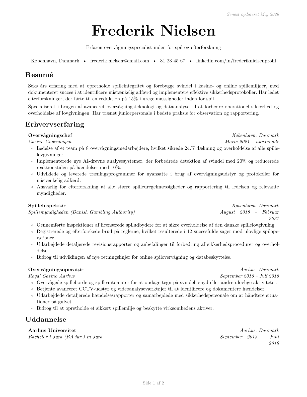 Gambling Surveillance Officers and Gambling Investigators CV in Danish — page 1