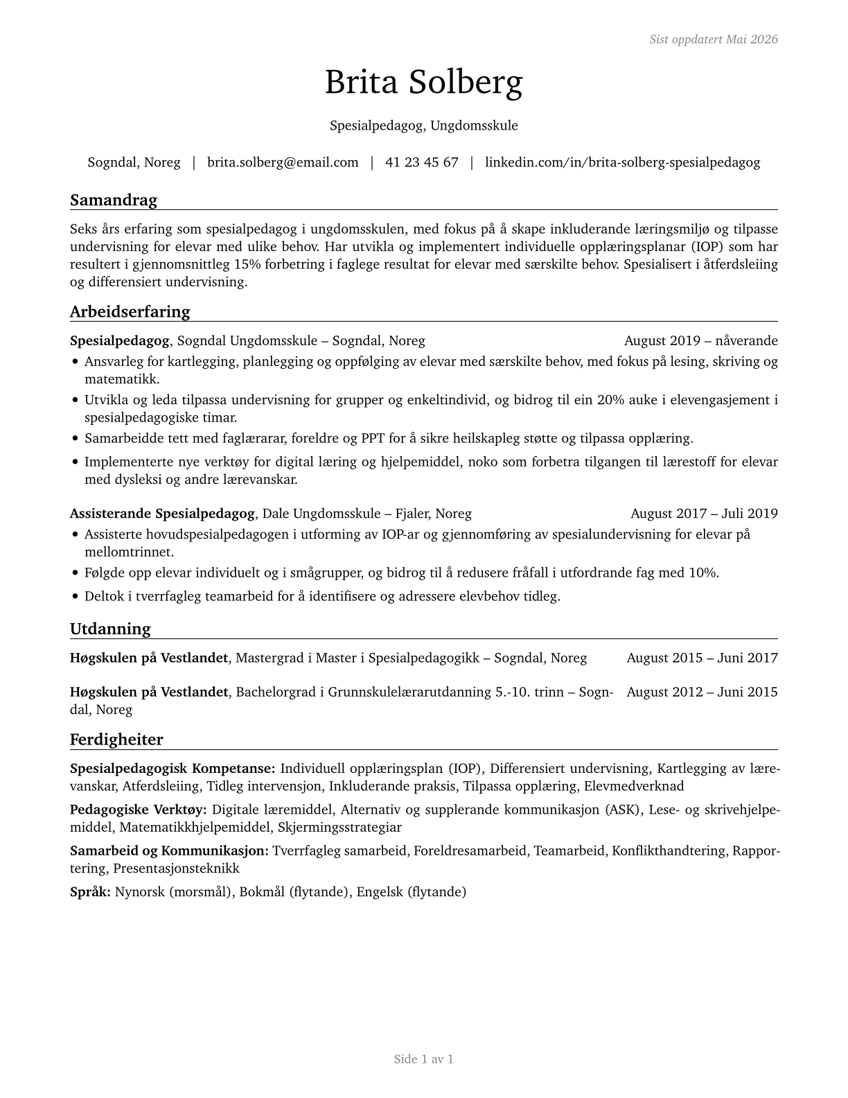 Special Education Teachers, Middle School CV in Norwegian_nynorsk — page 1