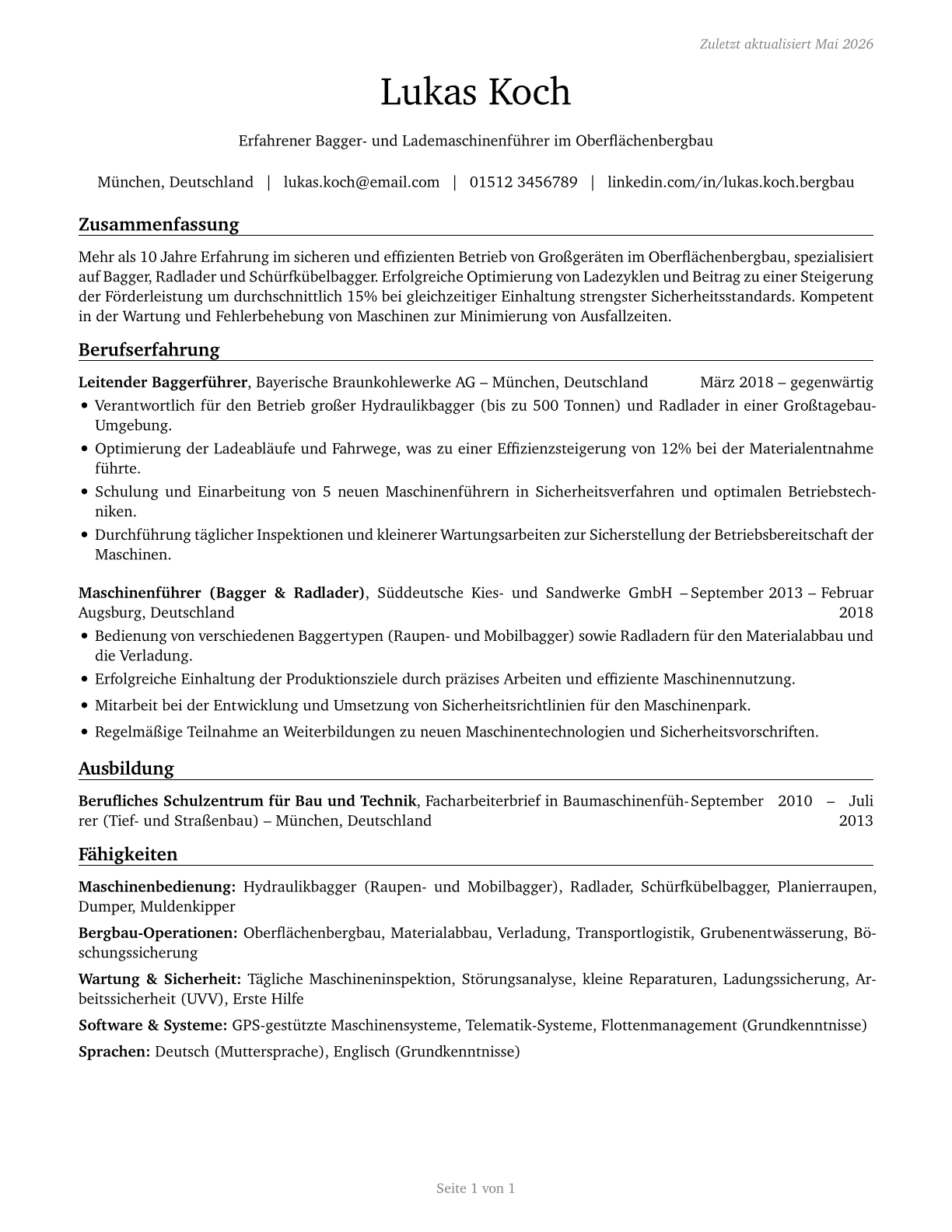 Excavating and Loading Machine and Dragline Operators, Surface Mining CV in German — page 1