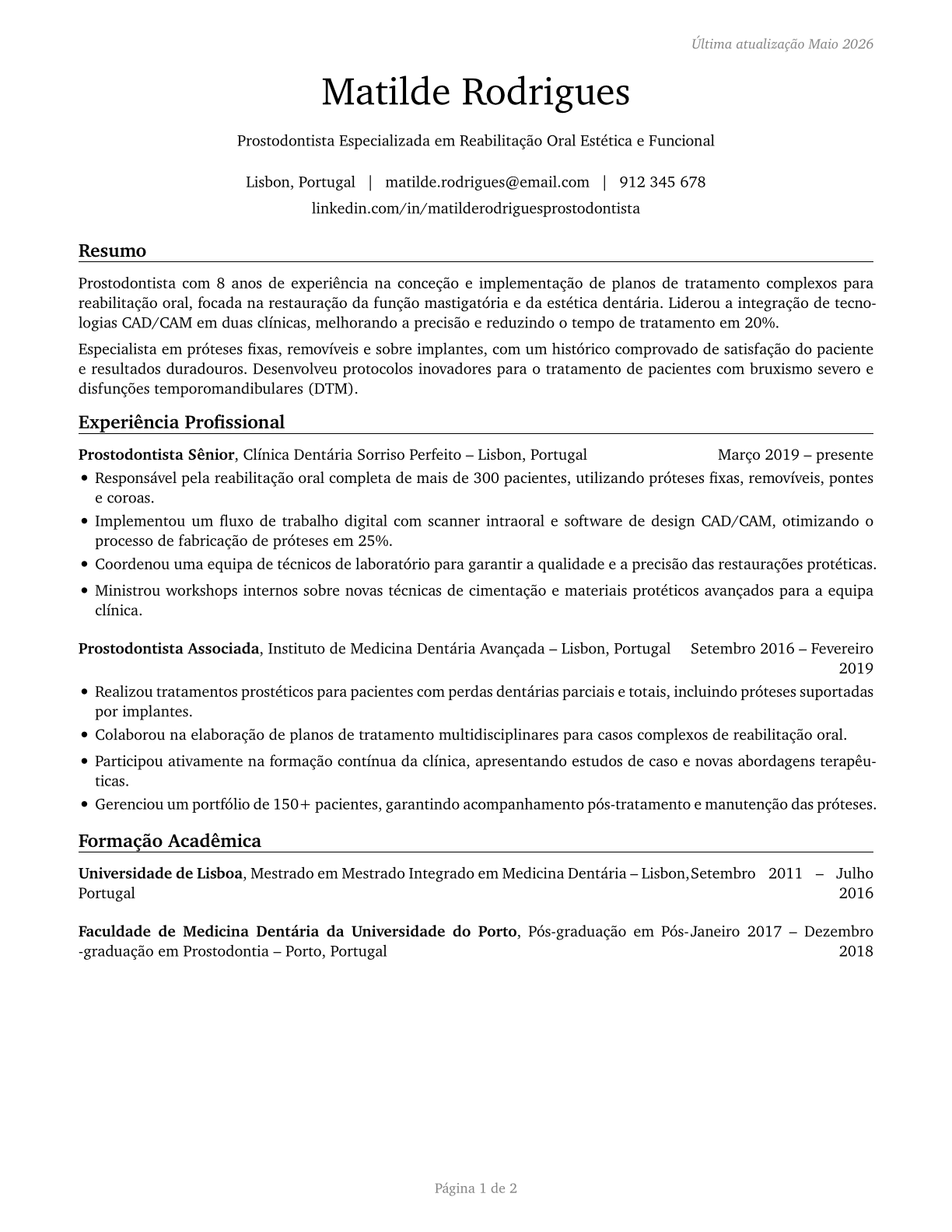 Prosthodontists CV in Portuguese — page 1