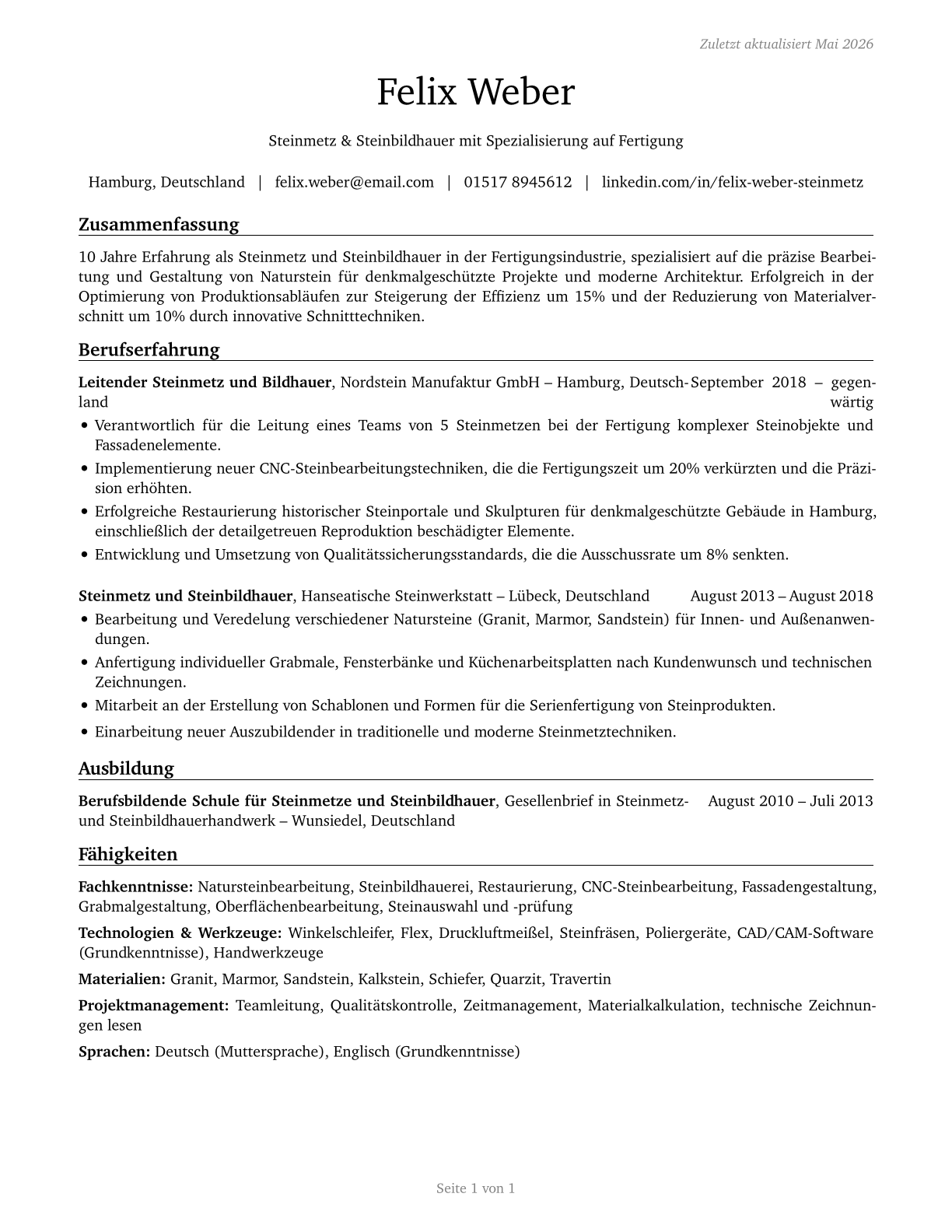Stone Cutters and Carvers, Manufacturing CV in German — page 1