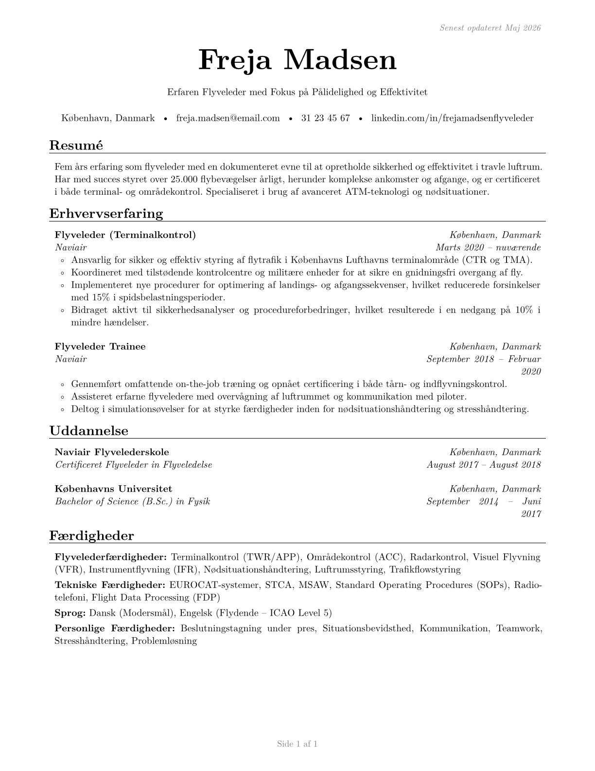 Air Traffic Controllers CV in Danish — page 1