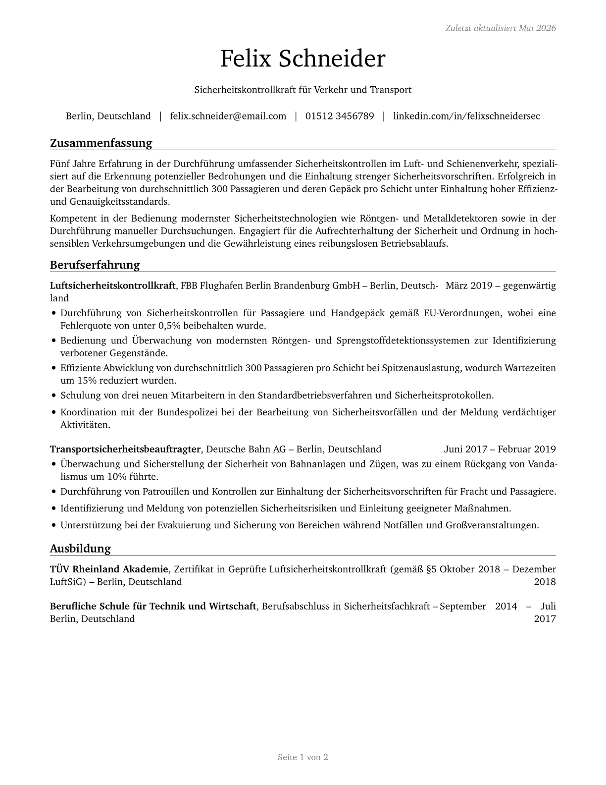 Transportation Security Screeners CV in German — page 1