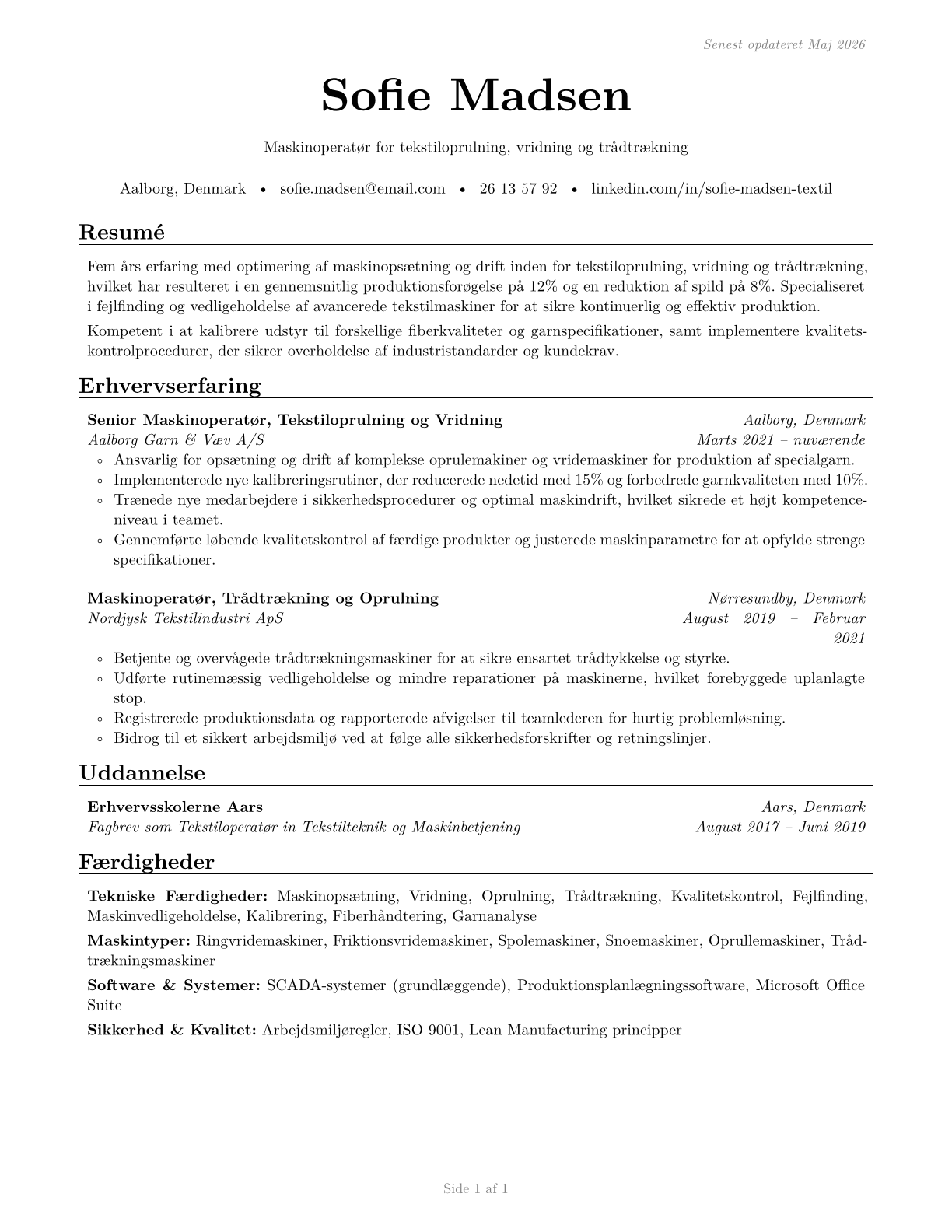 Textile Winding, Twisting, and Drawing Out Machine Setters, Operators, and Tenders CV in Danish — page 1