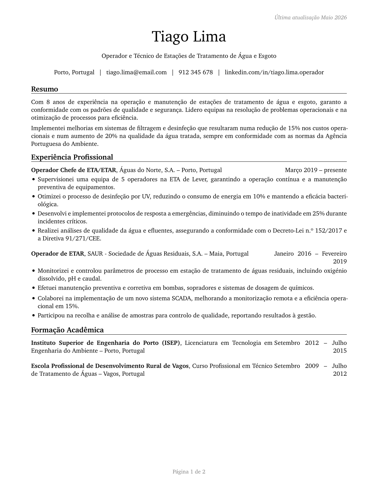 Water and Wastewater Treatment Plant and System Operators CV in Portuguese — page 1
