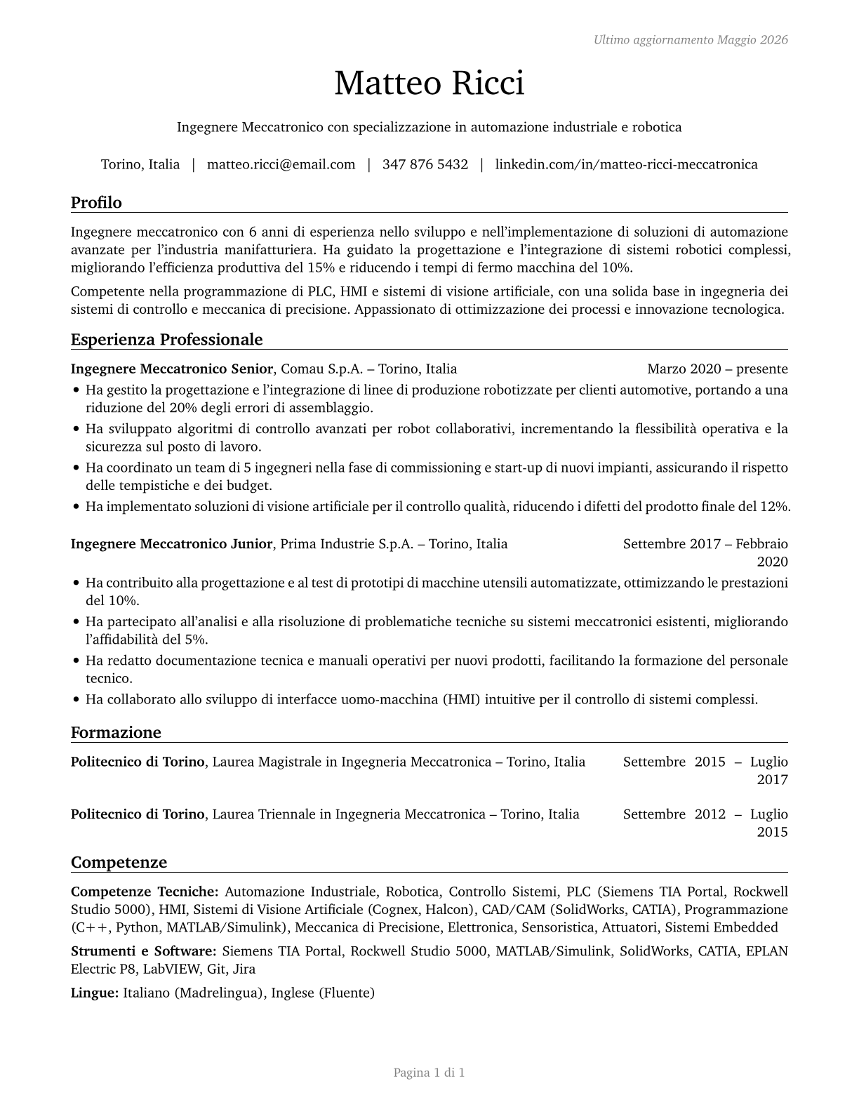Mechatronics Engineers CV in Italian — page 1