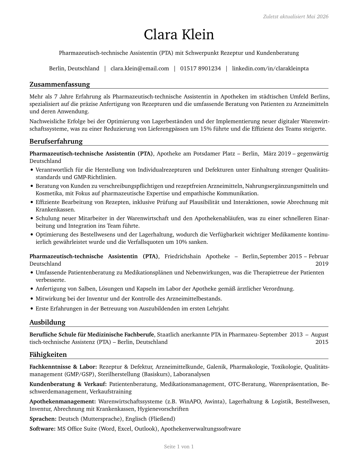 Pharmacy Technicians CV in German — page 1