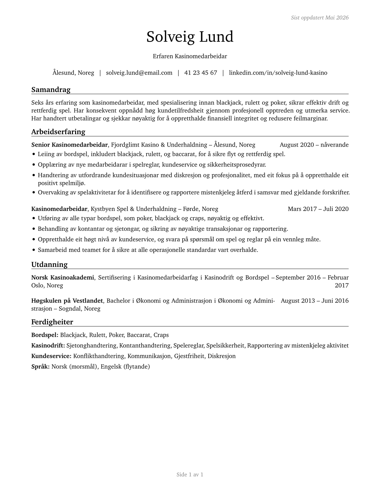 Gambling Dealers CV in Norwegian_nynorsk — page 1