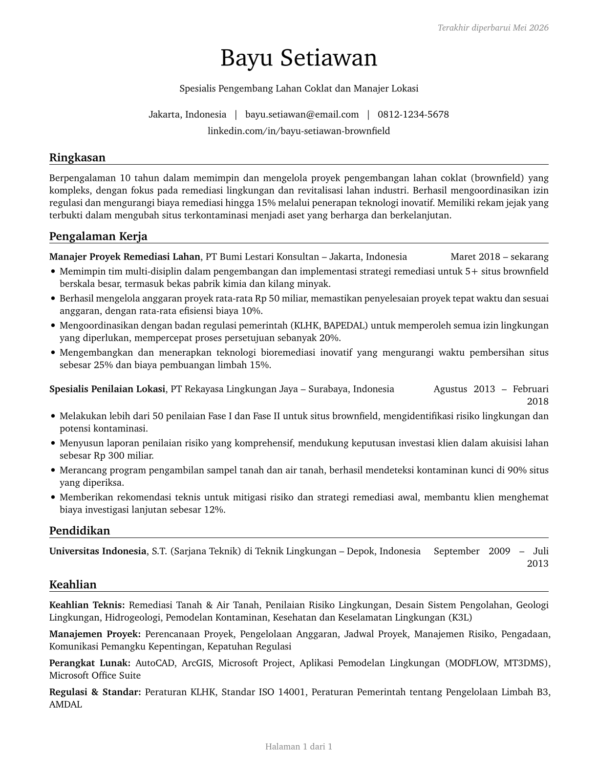 Brownfield Redevelopment Specialists and Site Managers CV in Indonesian — page 1