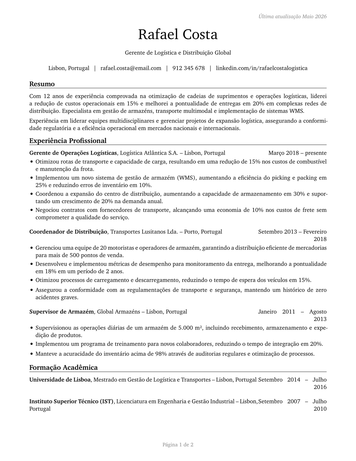 Transportation, Storage, and Distribution Managers CV in Portuguese — page 1