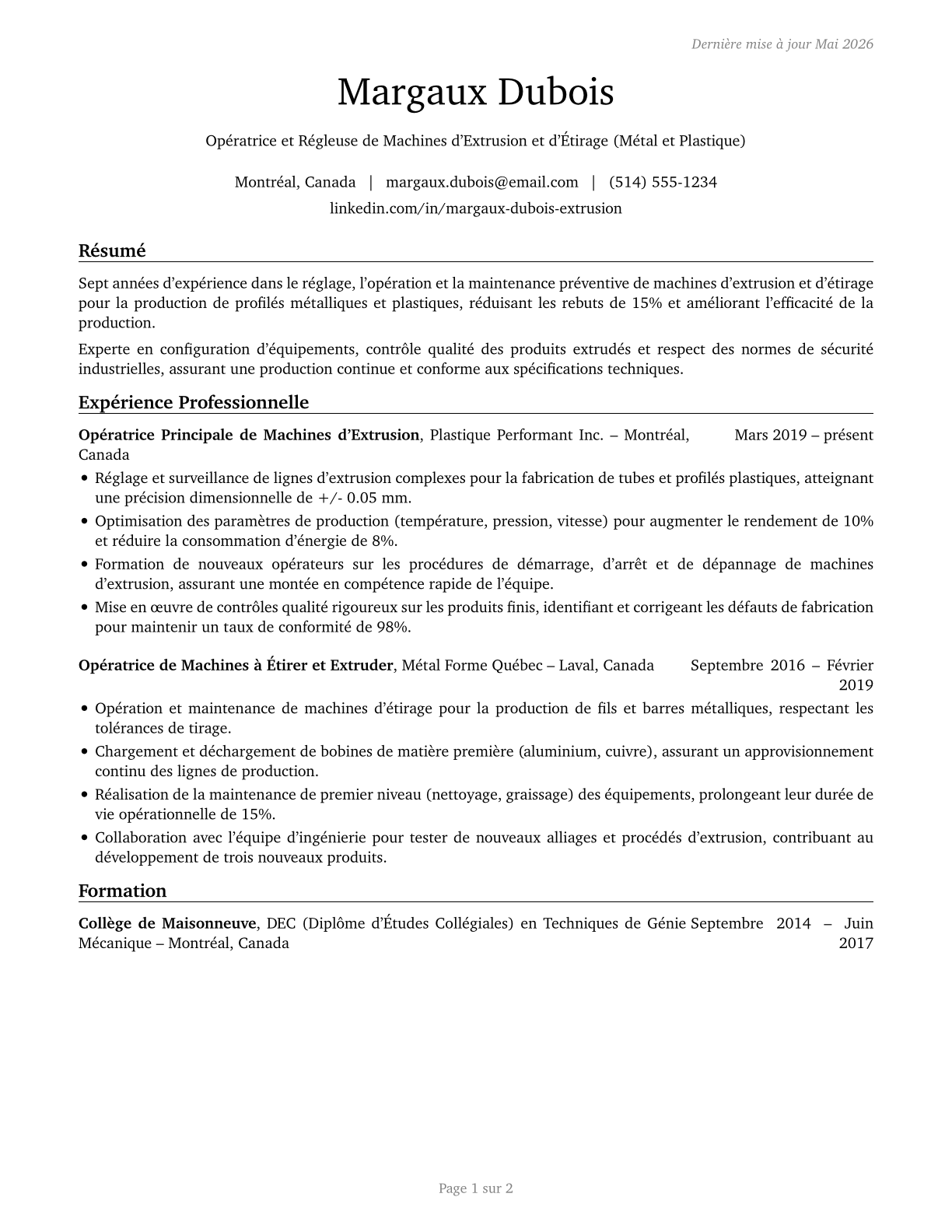 Extruding and Drawing Machine Setters, Operators, and Tenders, Metal and Plastic CV in French — page 1