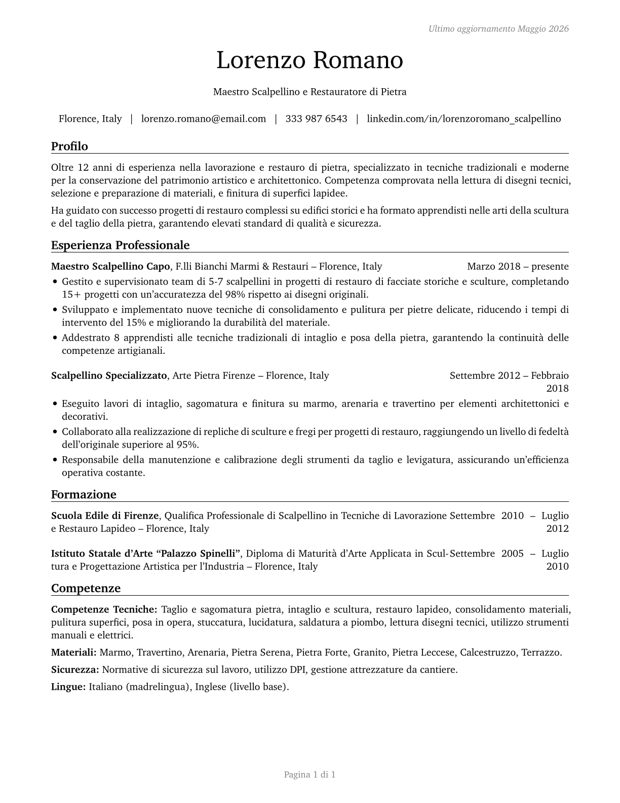 Stonemasons CV in Italian — page 1