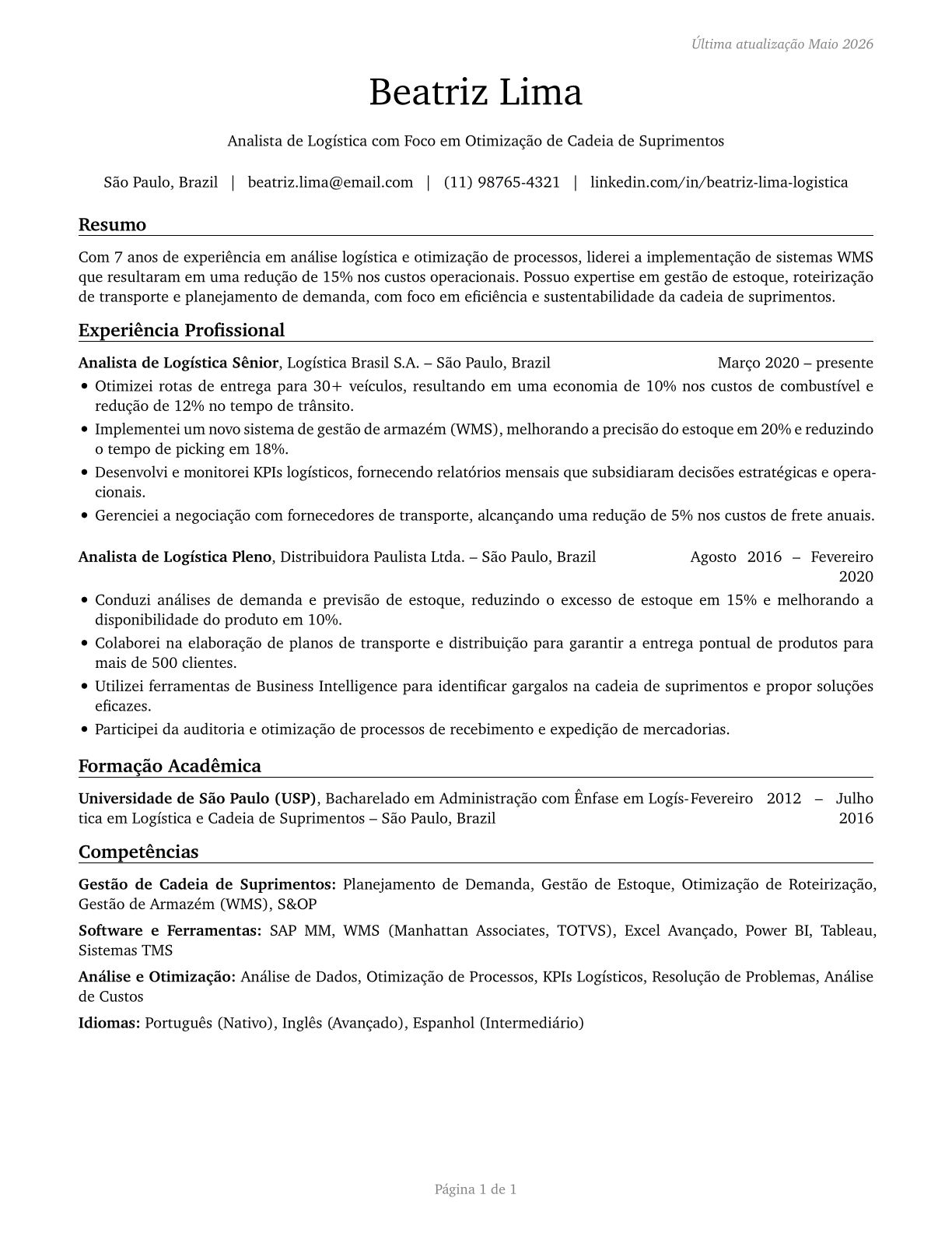 Logistics Analysts CV in Portuguese — page 1