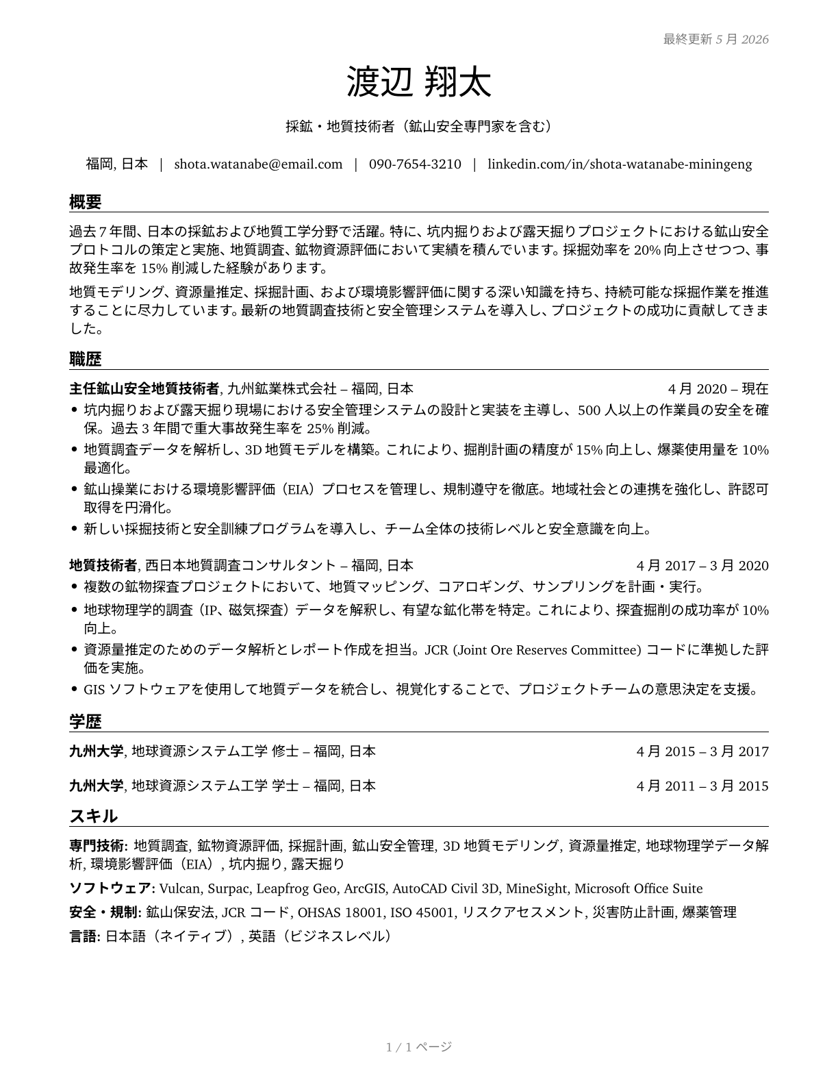 Mining and Geological Engineers, Including Mining Safety Engineers CV in Japanese — page 1