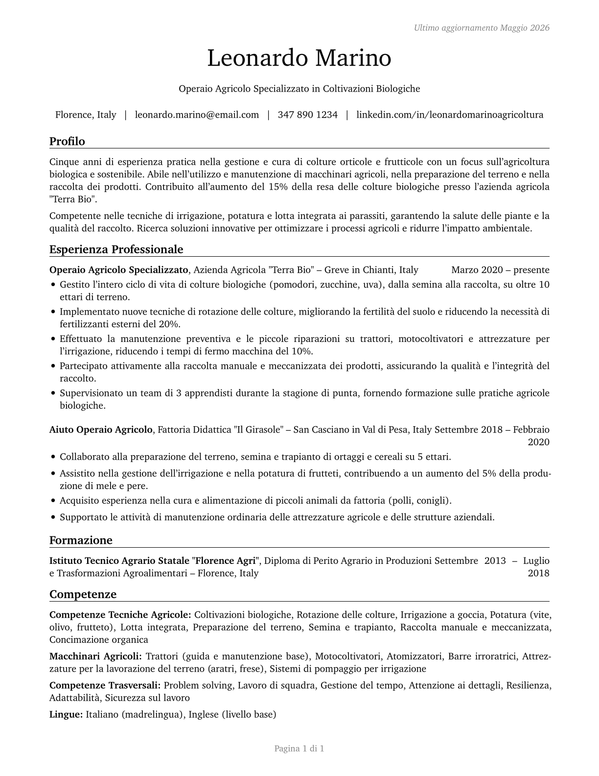 Agricultural Workers, All Other CV in Italian — page 1